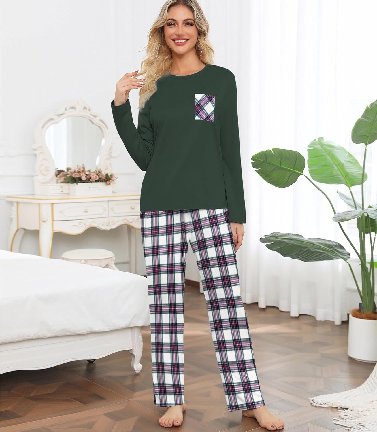 ENJOYNIGHT Womens Pajama Set Long Sleeve Pjs Two Piece Sleepwear Plaid Pant with Pockets - Image 4