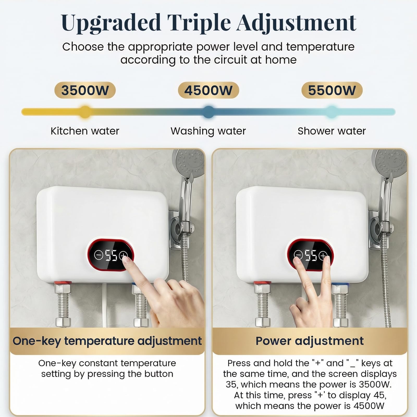 Mini Durchlauferhitzer 5500W 30-55°C mit Steuerventil,IPX4 Wasserschutz | LED Anzeige, Untertischboiler, Steckerfertig, Kalkarm, Garten Gäste WC, Händewaschen Geschirrspülen, Leise Energiesparend
