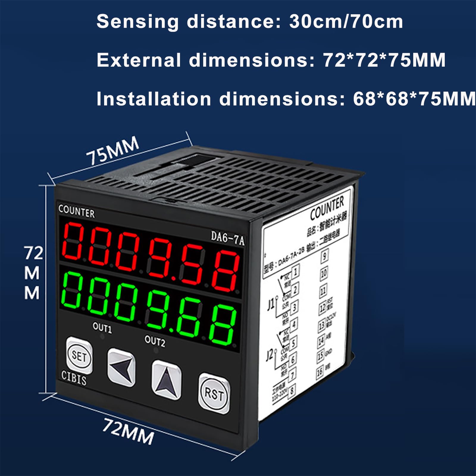 Contatore digitale di distanza, contatore digitale a LED per trasportatori, contatore per linee di produzione a 6 cifre con pannello di controllo a LED, distanza di rilevamento: 30 cm/70 cm