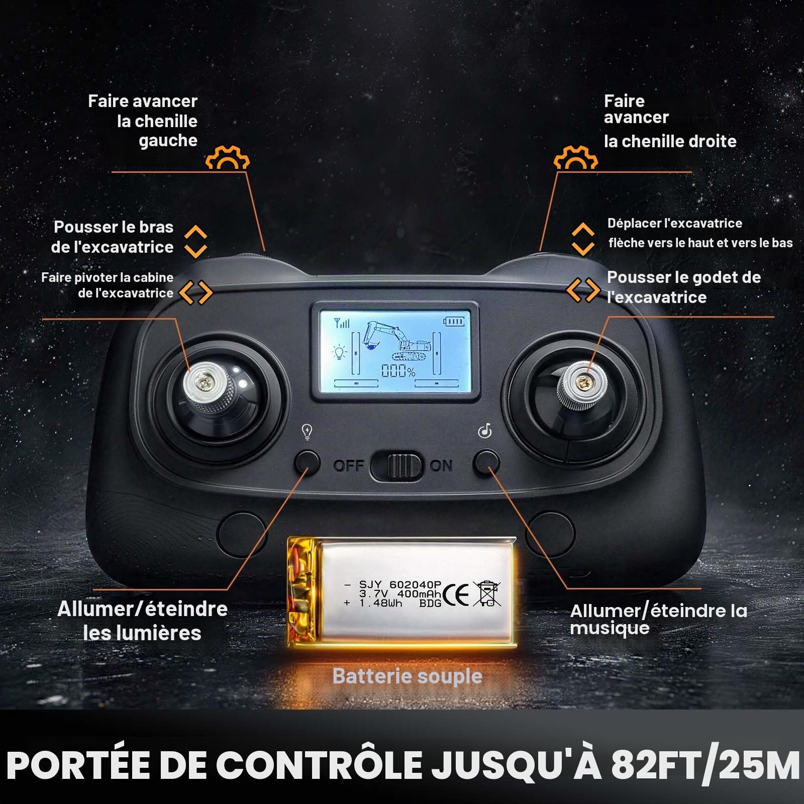 Pelleteuse télécommandée 1:50 en métal, Mini Pelle RC avec Tourelle à Rotation illimitée, Godet en métal, chenilles métalliques, télécommande LCD 2,4 GHz, 2 Batteries, RTR, pour bac à Sable