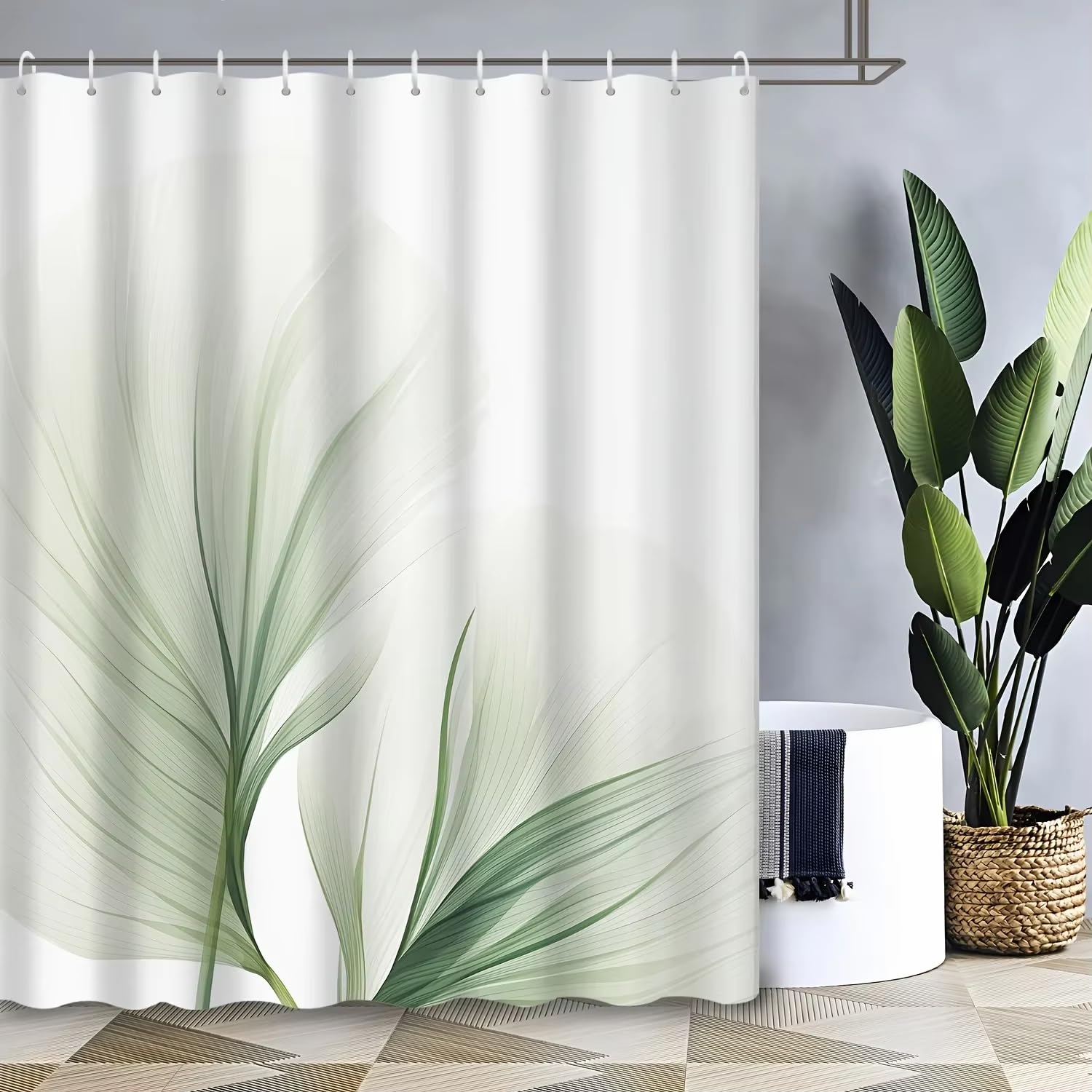 Tenda da doccia impermeabile con foglie di bambù verde,tenda da doccia in cotone con stampa floreale botanica per bagno spa moderno (160x200 cm/63x78 pollici (LxA)