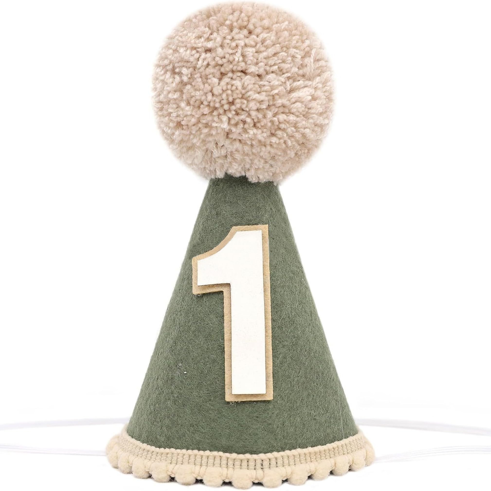 Wild One First Birthday Party Hat, Deep Green with Pom Pom, Safari Woodland Theme