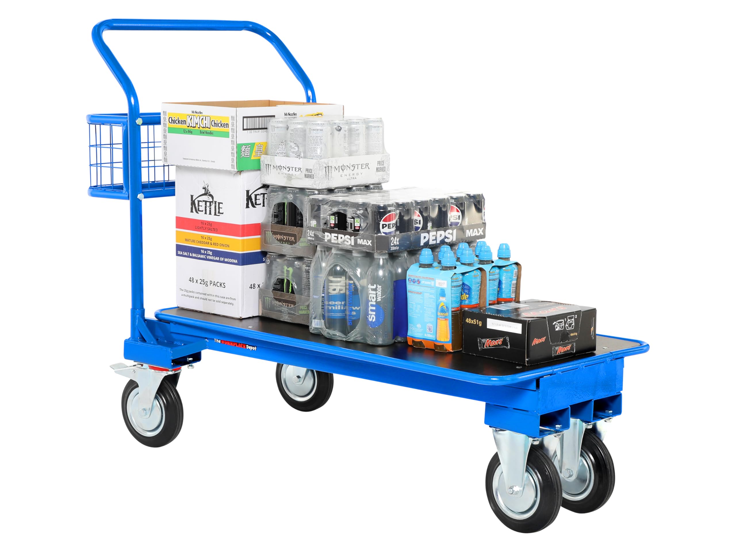 The Workplace Depot Cash and Carry Platform Trolley – Heavy-Duty 500kg Capacity, Blue Steel, Nestable Design with Integrated Storage for Retail, Warehouse & Distribution Applications