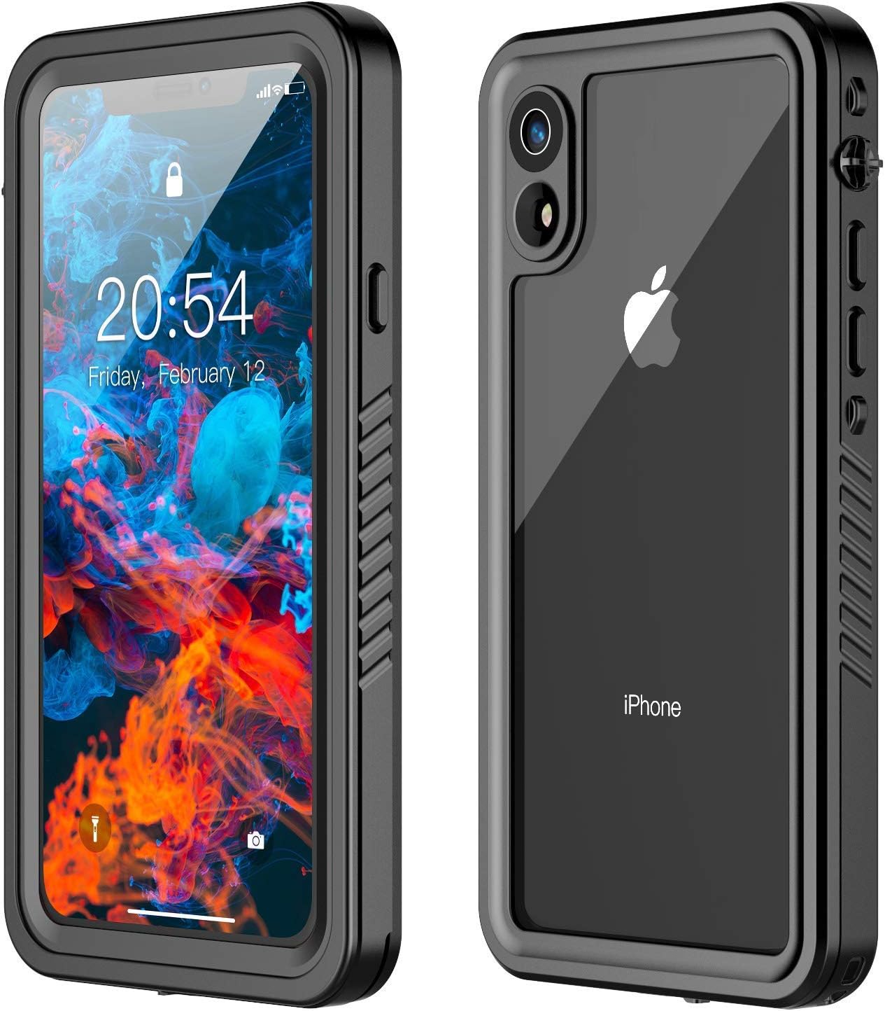 Potalux iPhone XR Waterproof Case, iPhone XR Case Built in Screen Protector 360° Full Body Protective Shockproof Dirtproof IP68 Underwater Waterproof Case for iPhone XR(6.1inch) (Black/Clear Back)
