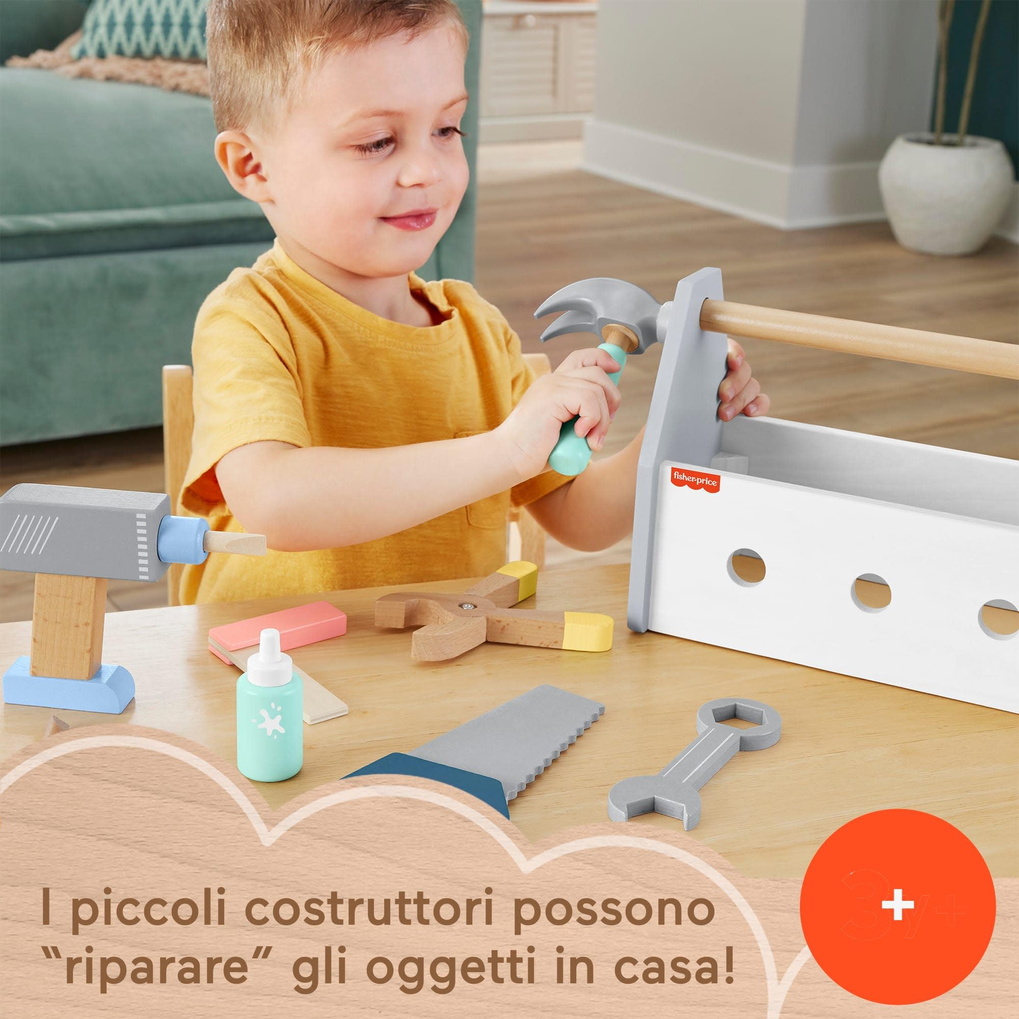 Fisher-Price - Set Attrezzi da Lavoro in Legno, Include 9 Strumenti tra Cui Vari Utensili e la Cassetta per riportli, per Il Gioco Creativo da Costruire, Giocattolo per Bambini, 3+ Anni, HYG50