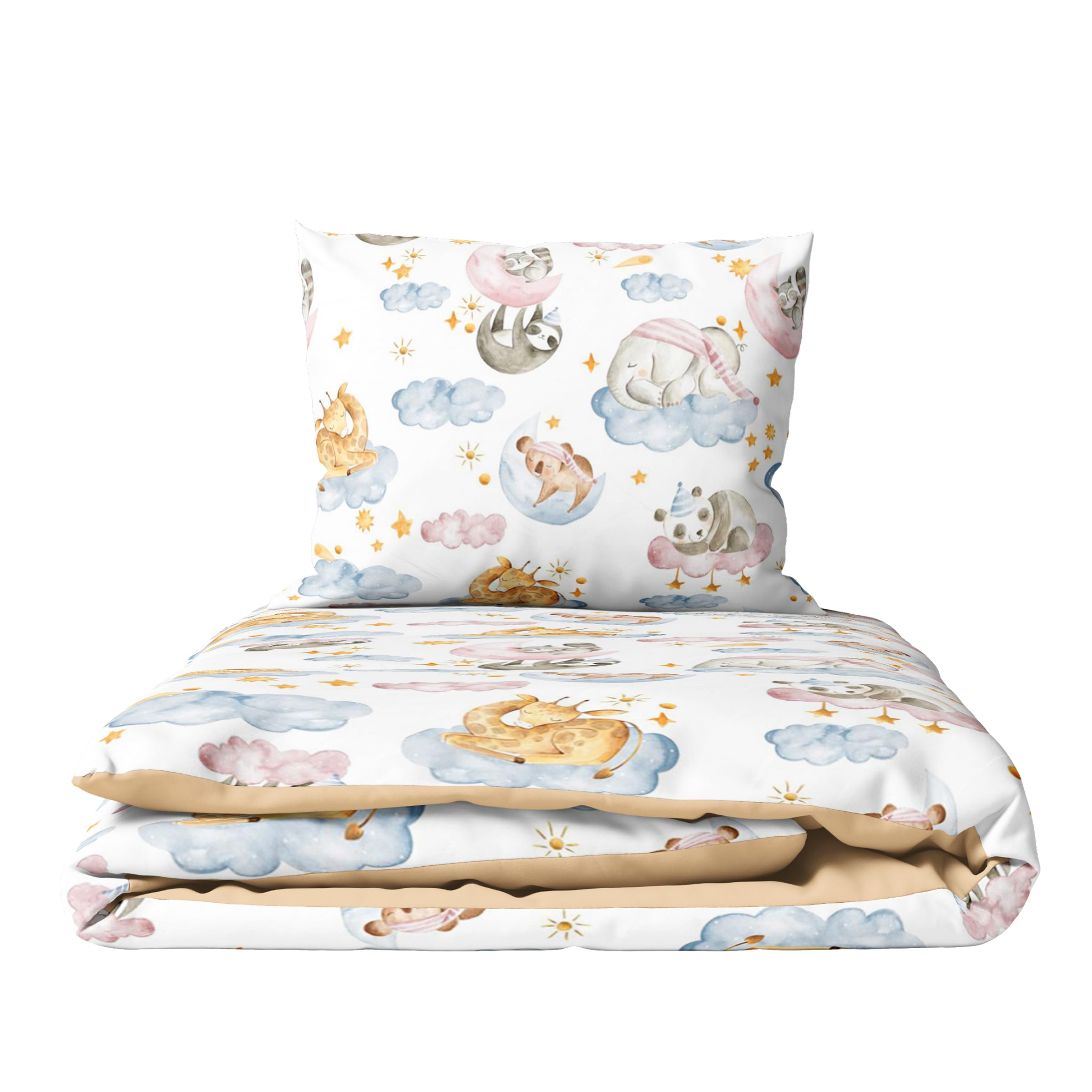 Baby Comfort 2-Piece Toddler Duvet & Pillow Set - 100x75 cm - 100% Cotton Breathable Fabric - Machine Washable Quilted Bedding for Cot Bed 12M+ (Animals in clouds)