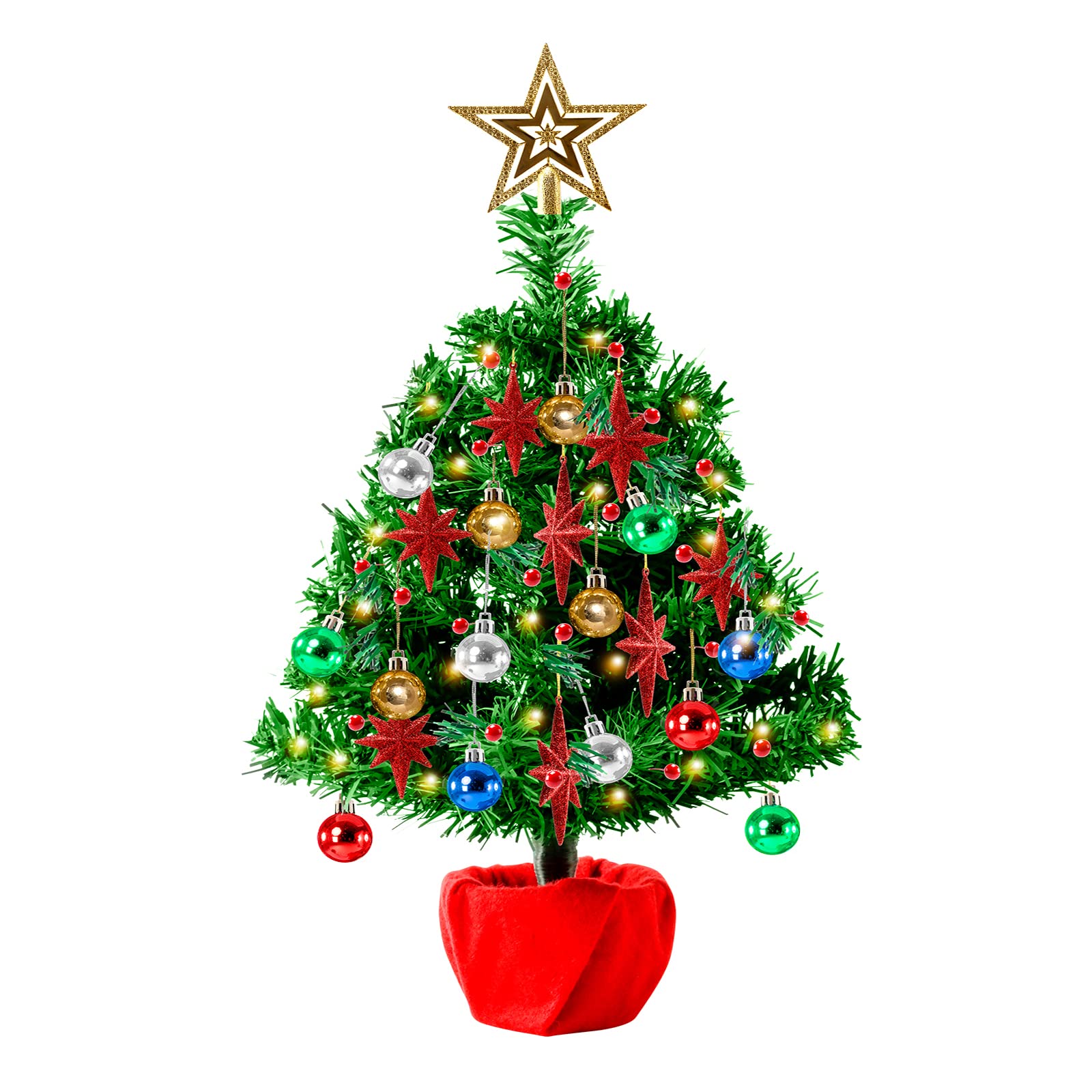 Árbol de Navidad de mesa con luces que funciona con pilas, pequeño árbol de Navidad artificial verde, mini árbol de Navidad preiluminado con decoración de estrella, adornos de bola para comedor