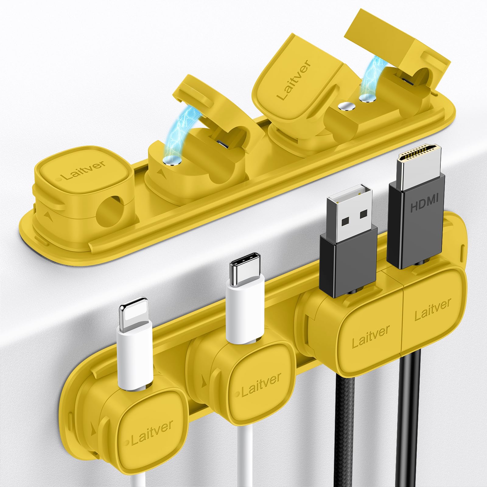 Laitver Yellow Cable Clips Holders - 6 Pack [Magnetic Buckle 1S Open/Lock] Cable Tidy Cord Organiser Management, No-Residue Strong Adhesive Desk Wire Charging Cords Keeper For Home, Office