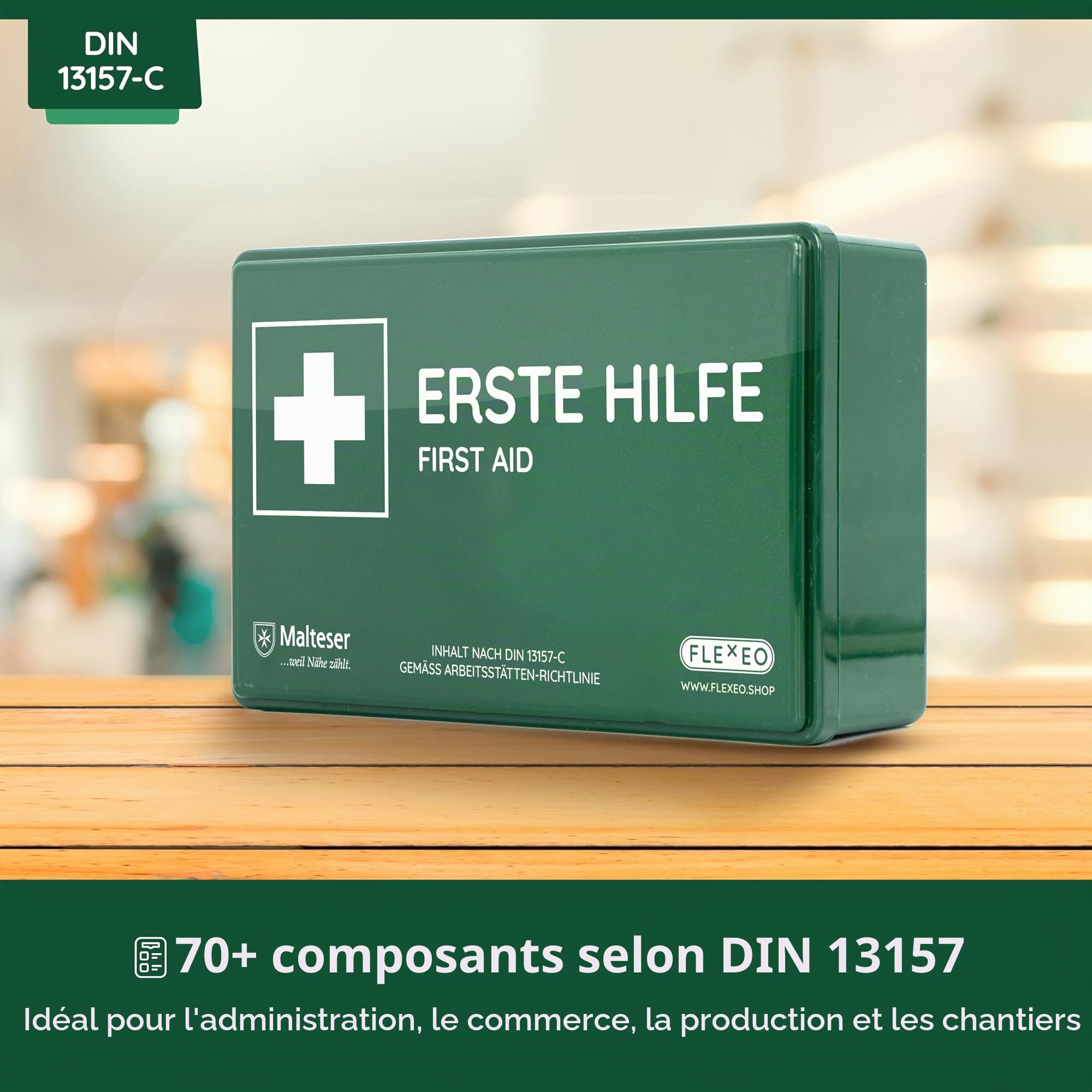 FLEXEO boîte de secours selon la norme DIN 13157:2021, avec support mural/montage mural, trousse de premiers secours d'entreprise/mallette de premiers soins pour entreprises, bureaux chantiers (Vert)