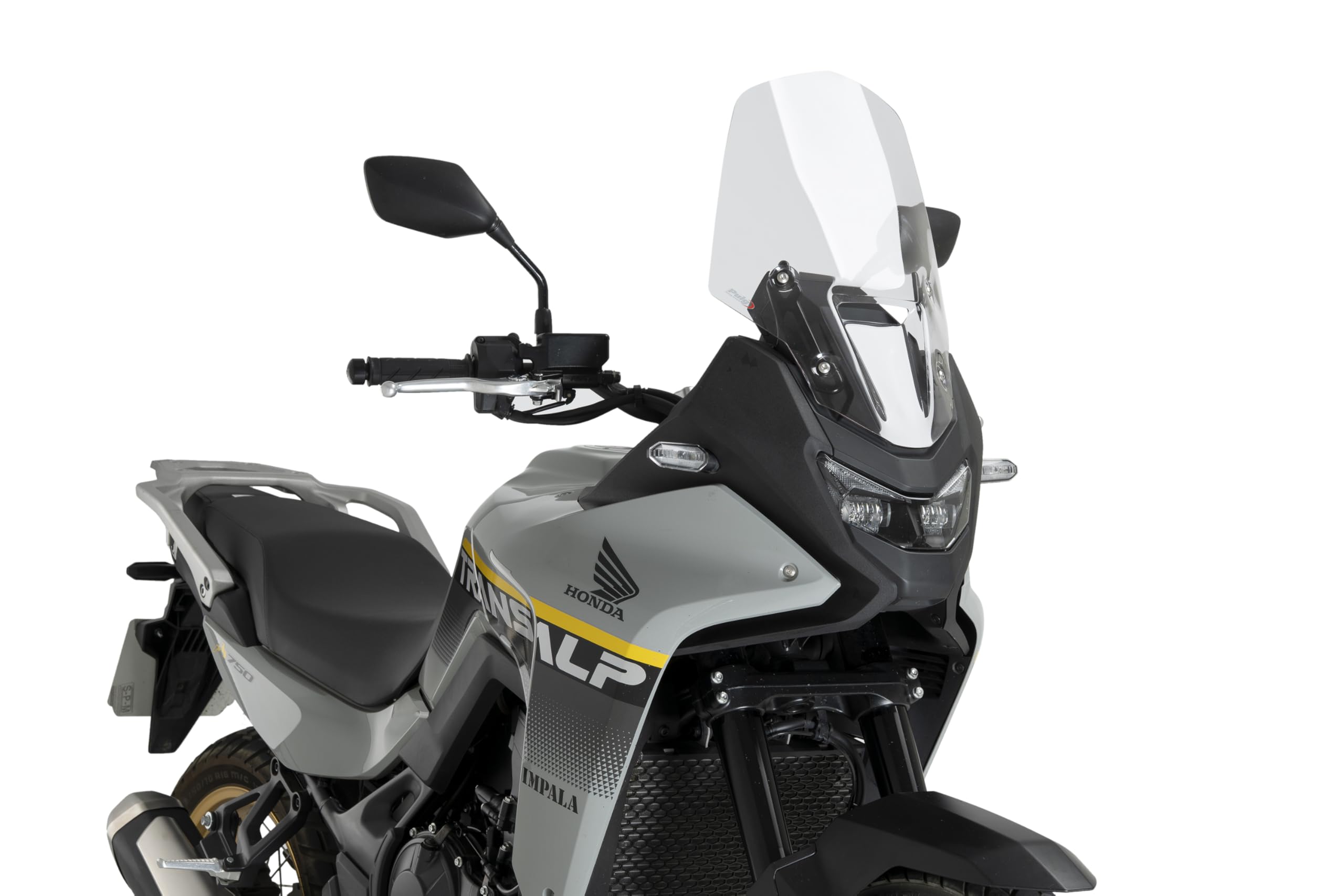 Puig 22573W Clear Cúpula Touring tall aerodynamic windscreen made in high impact PMMA designed to improve wind protection, riding comfort and touring stability with an elegant adventure style