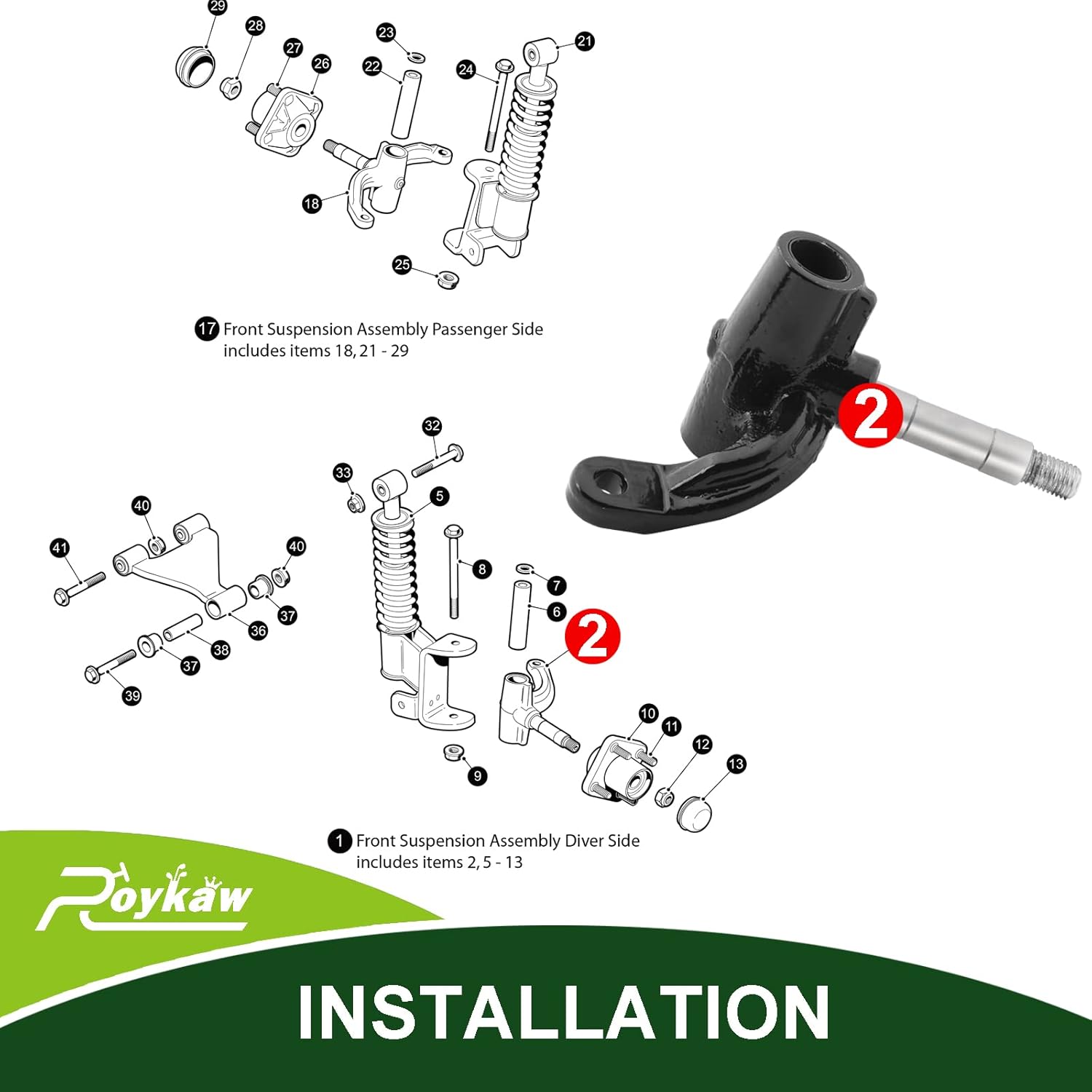 Roykaw EZGO RXV Spindle Assembly for 2008-up Gas and Electric Golf Cart Models, Driver Side, Replaces OEM # 601413, 607413