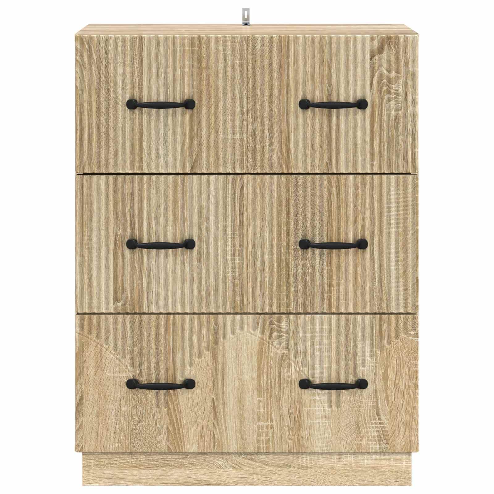 Szafka z szufladami dąb Sonoma materiał drewnopochodny 66 x 34,5 x 87 cm z 3 szufladami zamykanymi na klucz, uniwersalna szafka do przechowywania do biura, gospodarstwa domowego, warsztatu