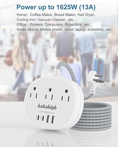 Miniatura 8 de Tira de alimentación pequeña con protector de sobretensiones (1080J), cable de extensión trenzado de 5 pies, protector de sobretensiones blanco de