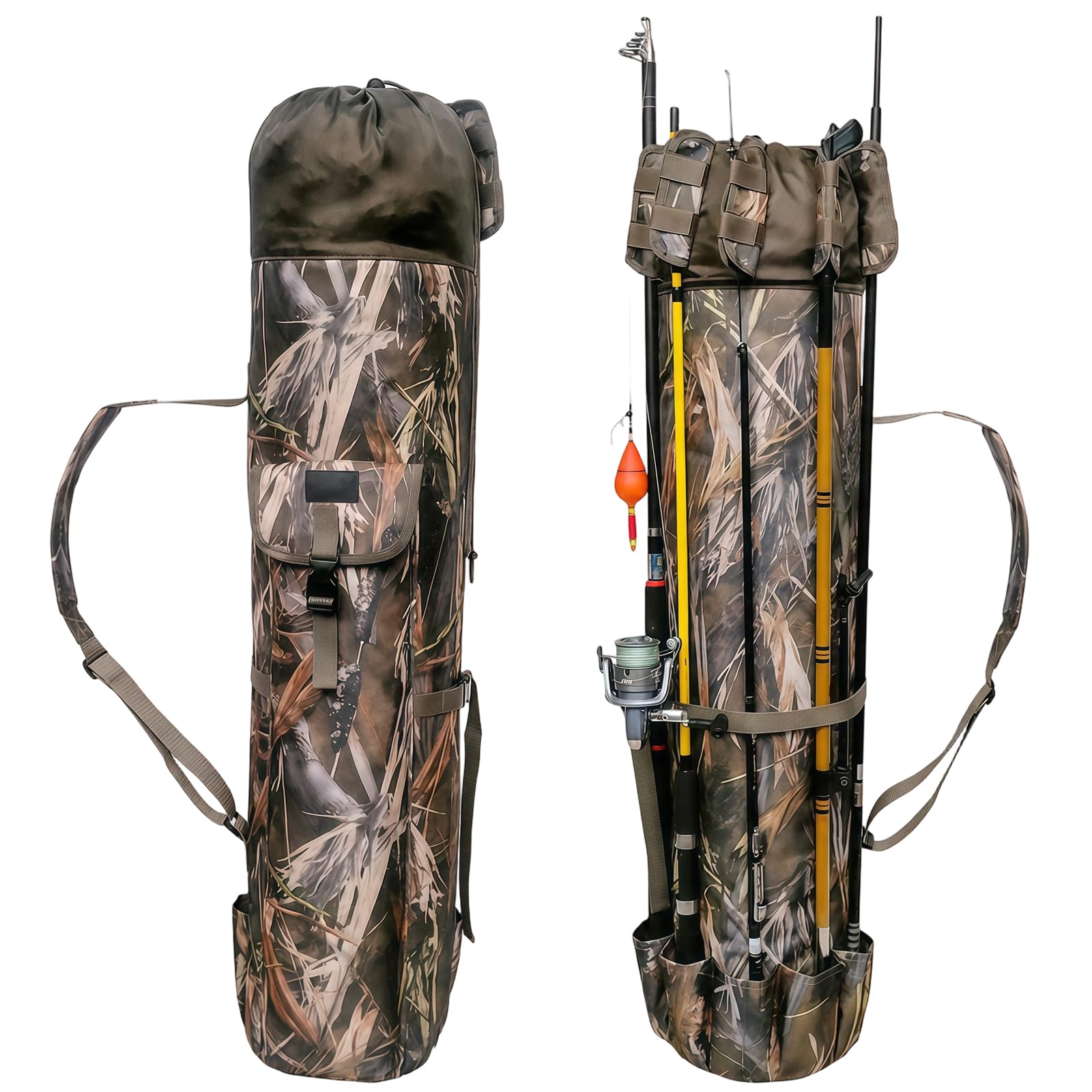 DONQL Sacs de canne à pêche d'extérieur multifonction en toile portable pour le camping, sac à dos de rangement pour canne à pêche, étui de rangement pour canne à pêche, 5 bâtons et accessoires de