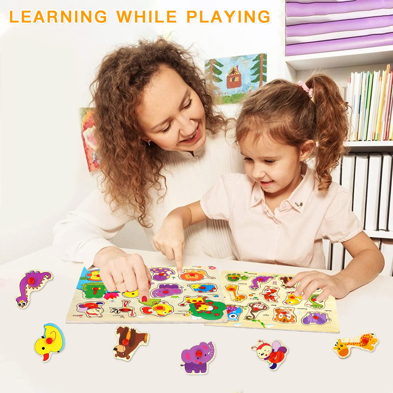 Puzzles en Bois pour Enfants 1-3 Ans, Puzzle Bois Bouton Encastrement, Cadeau Anniversaire Enfant