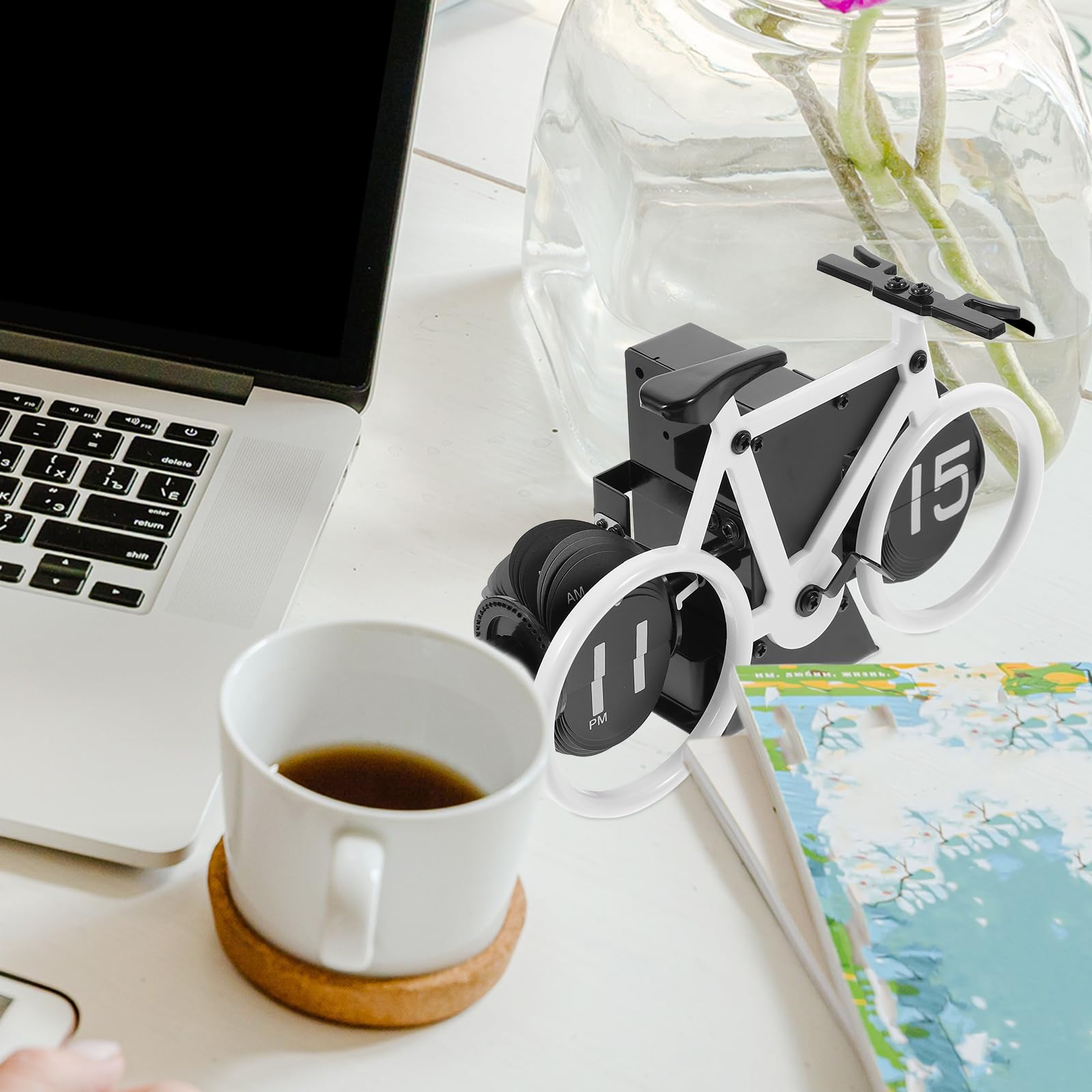 IMIKEYA Retro Klappuhr, Fahrrad-Modell Flip Down Uhr Digital Tischuhr Dekorative Klapp Schreibtischuhr Auto Flip Clock für Zuhause Wohnzimmer, Weiß