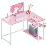 Pamray 43 Inch L Shaped Computer Desk with Reversible Side Storage Shelves&comma; Small Corner Desk for Small Space Home Office&comma;Writing Study Table PC Desk for Bedroom&comma;Pink with White Leg