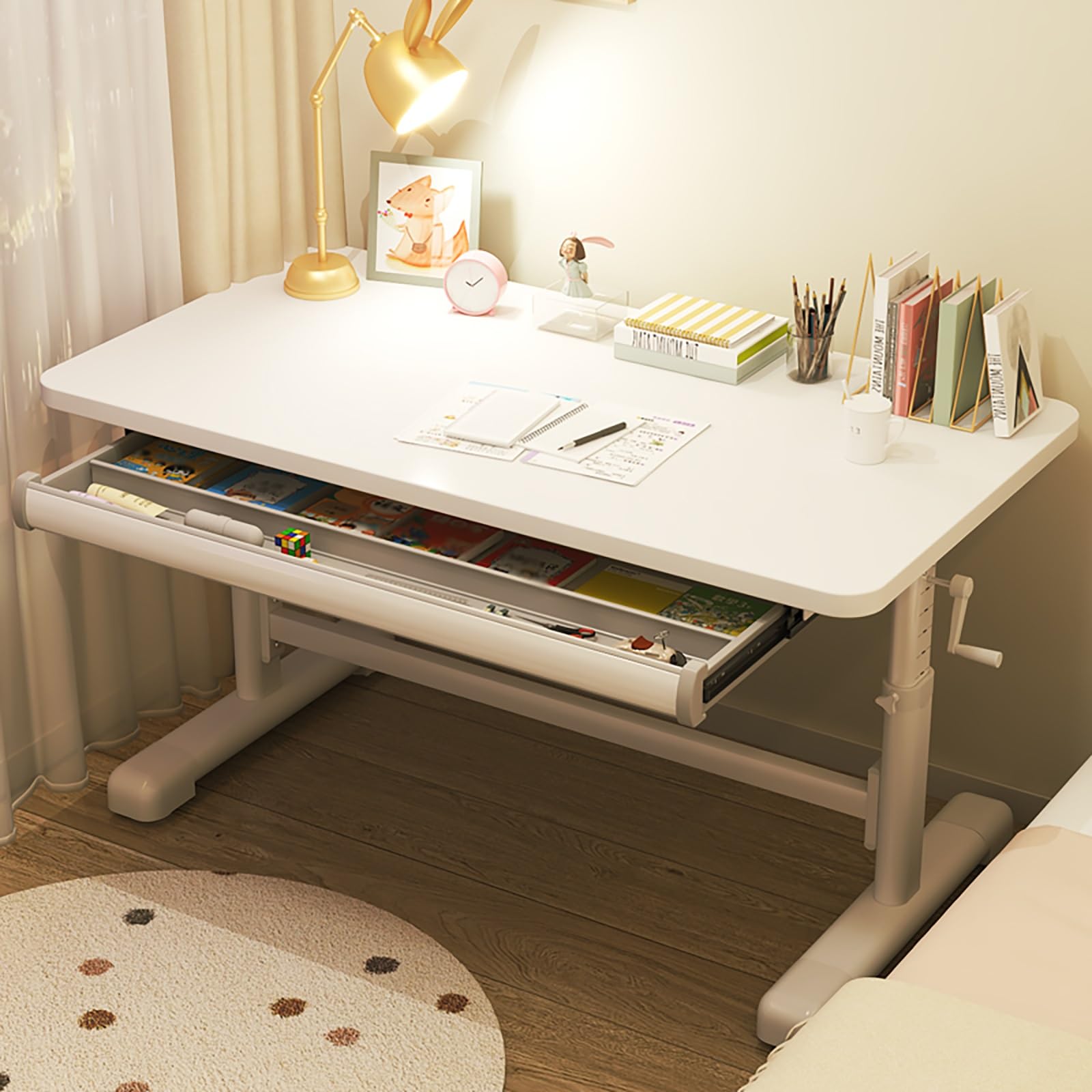 MYUYEE Standing Desk, Adjustable - Hand-Cranked Height Adjustable Computer Desk 80/100/120X60X75Cm, Sit Stand Desk With Range 66-80Cm (White (With Drawer)-80Cm)