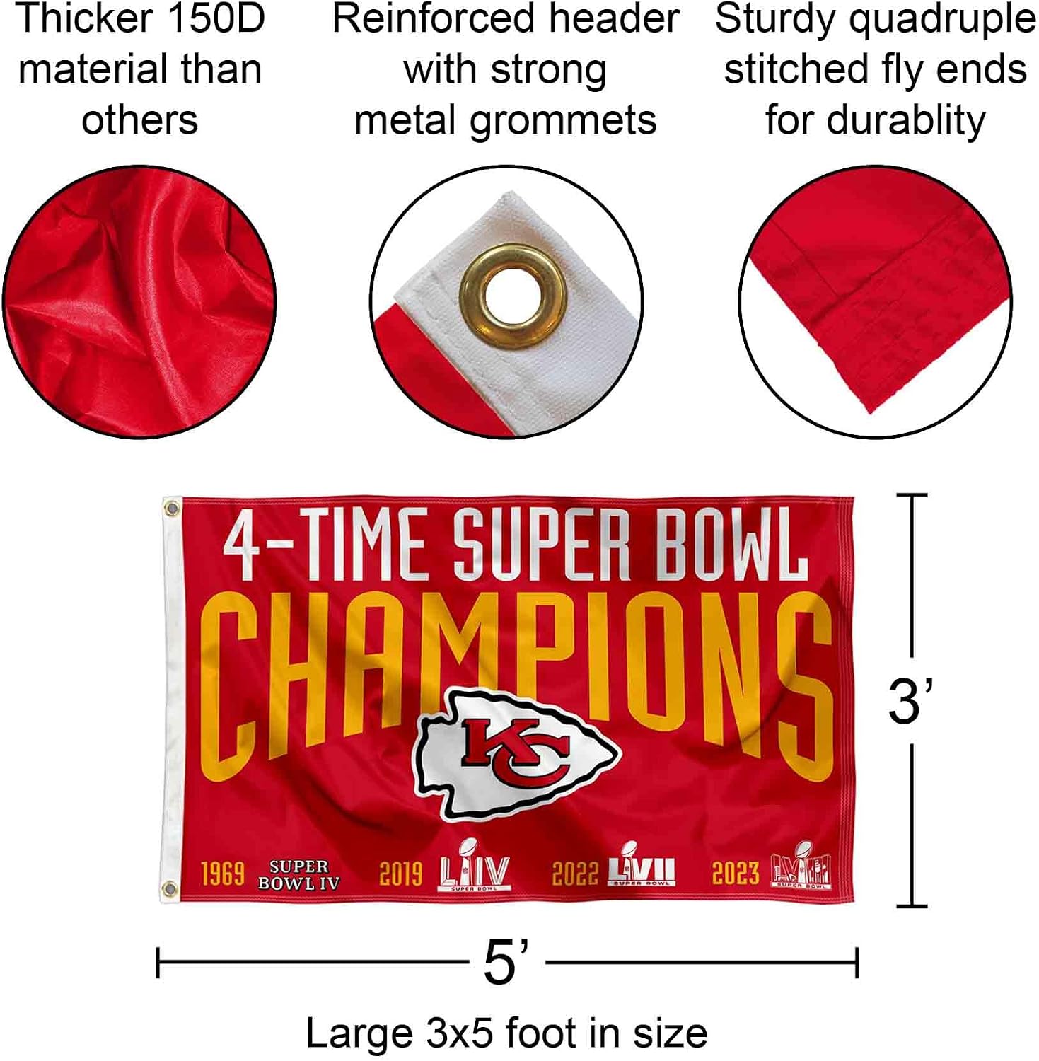 Kansas City Chiefs 4 Time Super Bowl Champions Flag Pole and Bracket Mount Kit