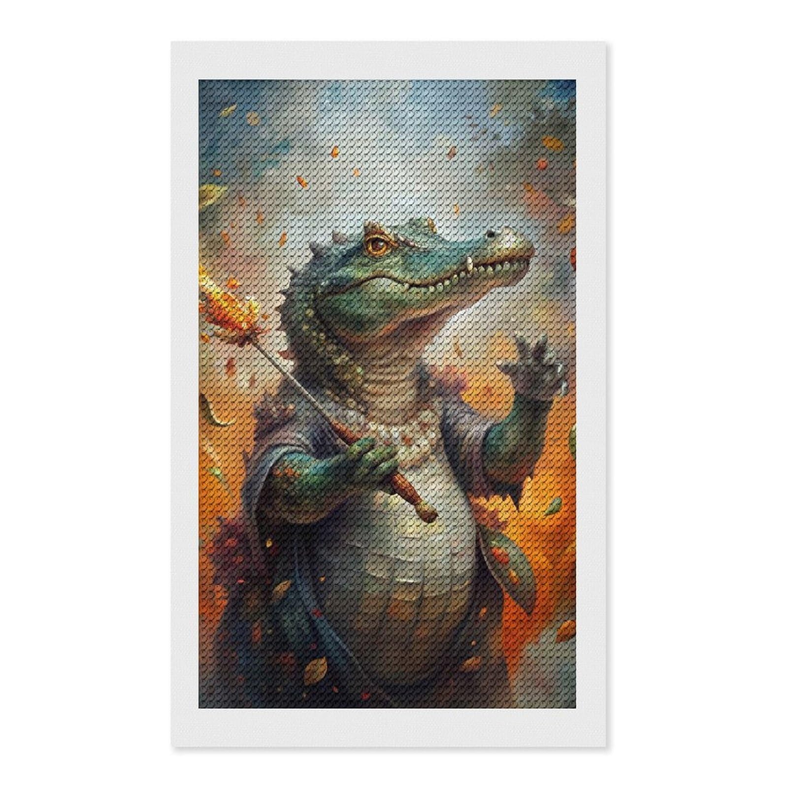 Junmoney Alligator Wizard with Fire Staff Diamond Painting Canvas Set 12"x20", Easy to Enjoy, Adhesive Canvas, Office Decor, Holiday Gift Idea, with Tool Kit