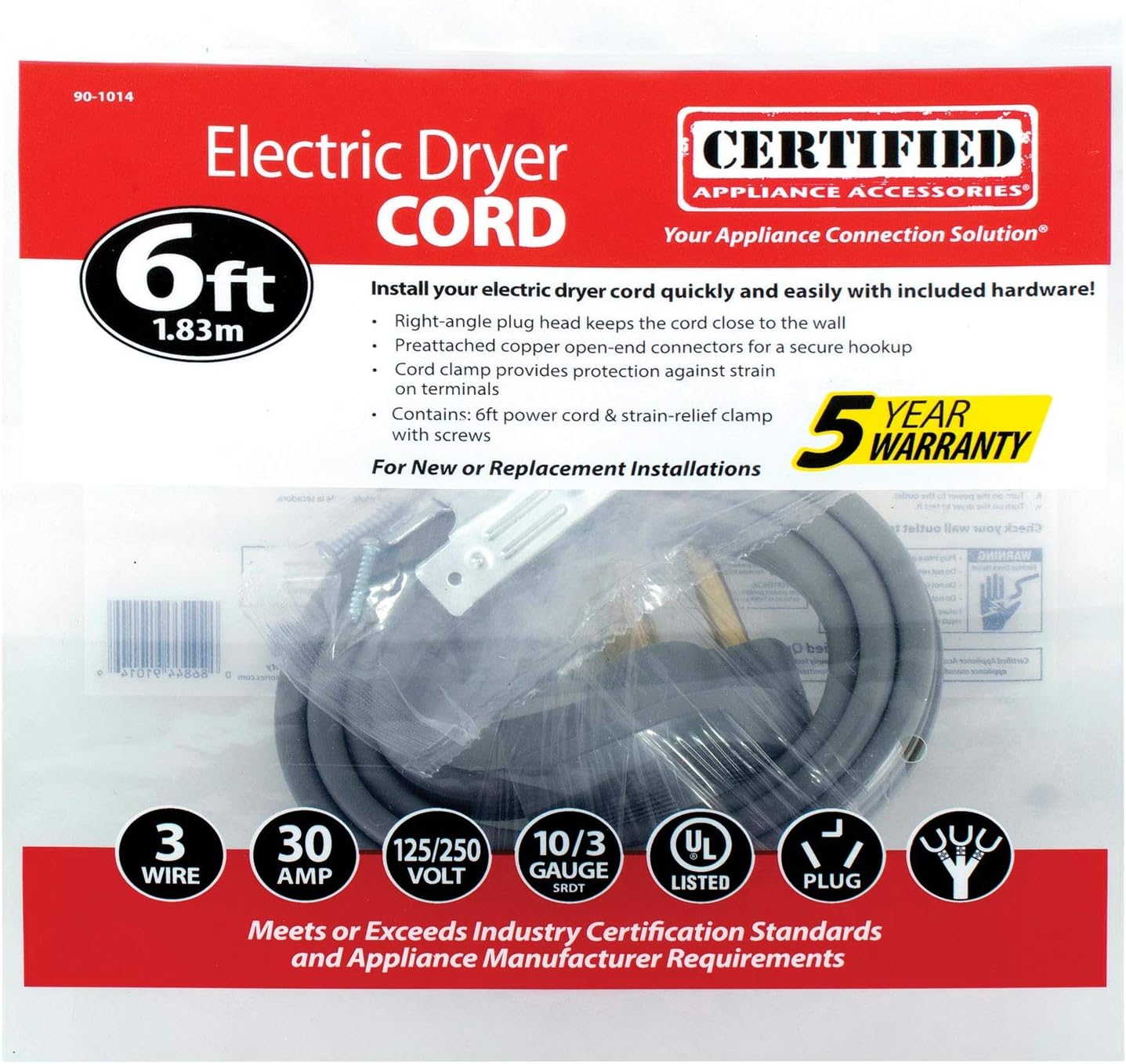 Certified Appliance Accessories 30-Amp Appliance Power Cord, 3 Prong Dryer Cord, 3 Wires with Open-End-Connectors, 6 Feet, Copper Wire