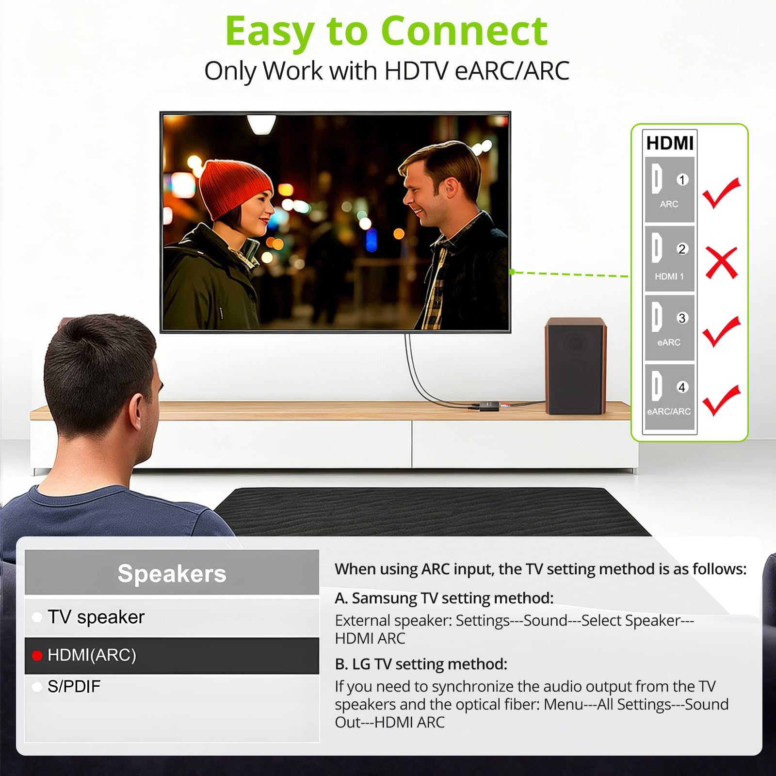 LiNKFOR Ekstraktor Audio HDMI eARC/ARC do RCA i 3,5 mm Podwójne Wyjście Jednoczesne Sterowanie Głośnością Telewizora (CEC) 192kHz/24bit Do Wzmacniaczy Głośników Słuchawek Zasilacz USB