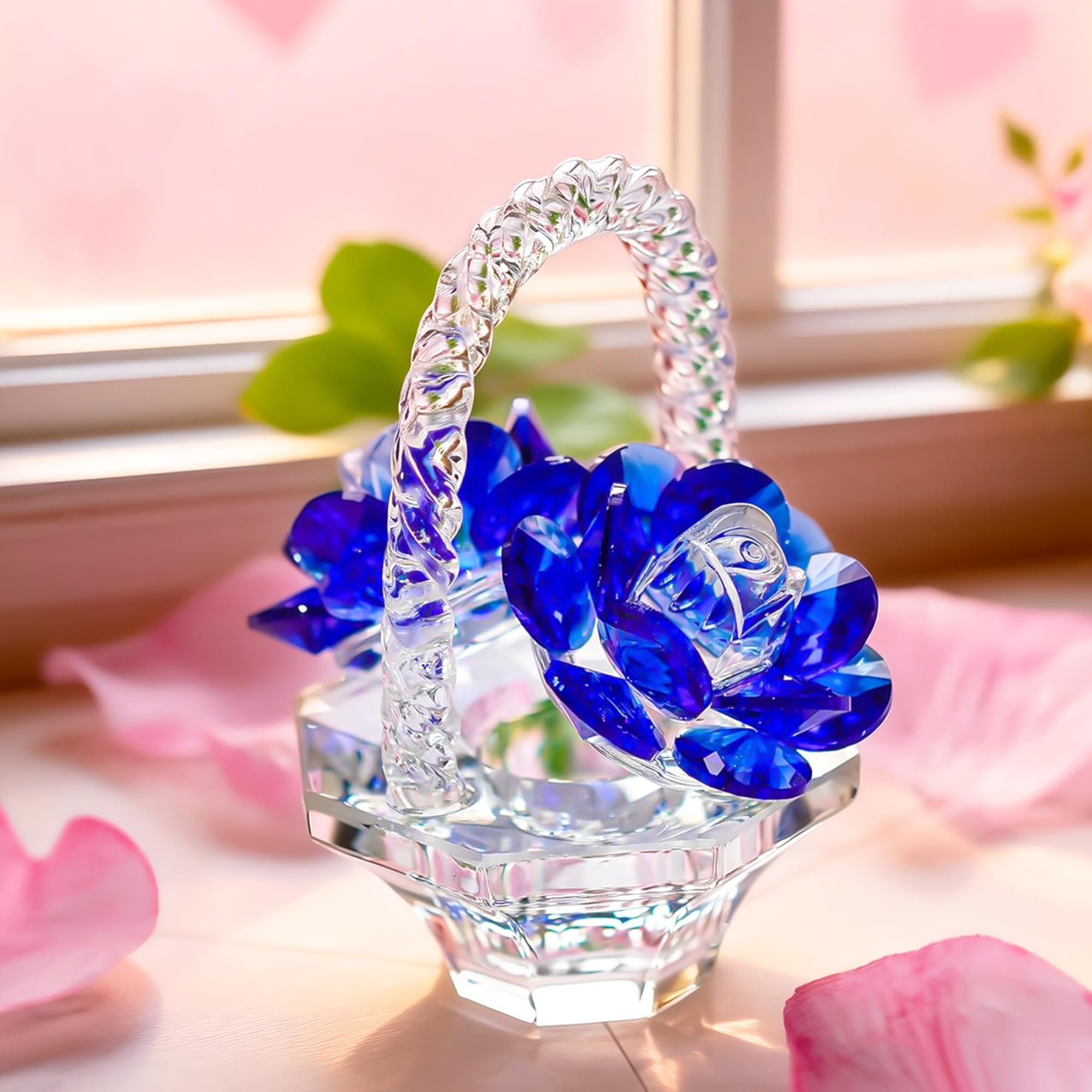 H&D HYALINE & DORA Crystal Blue Flower Rose Handmade with Beautiful Creative Basket Design a Gift for Valentine's Day Mother's Day Christmas Anniversary Birthday Thanksgiving Girls
