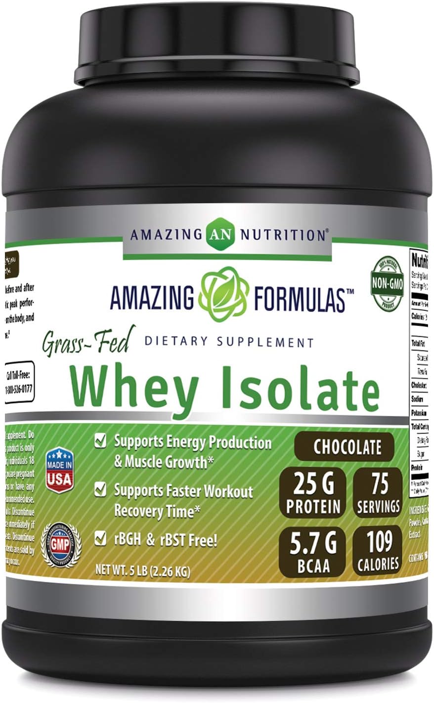 amazing nutritionFormulas Grass-Fed Whey Protein Isolate - Chocolate 5 Lbs (2.26 Kg) - Non-GMO - 25 G Protein - 75 Servings - 5.7 G BCAAs - 109 Calories