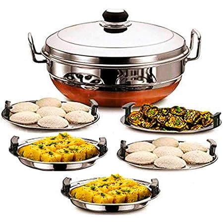 tag ltd All-in-One Stainless Steel Multi Kadhai Steamer with Copper Bottom with 5 Plates -2 Idli, 2 Dhokla and 1 Patra Plate