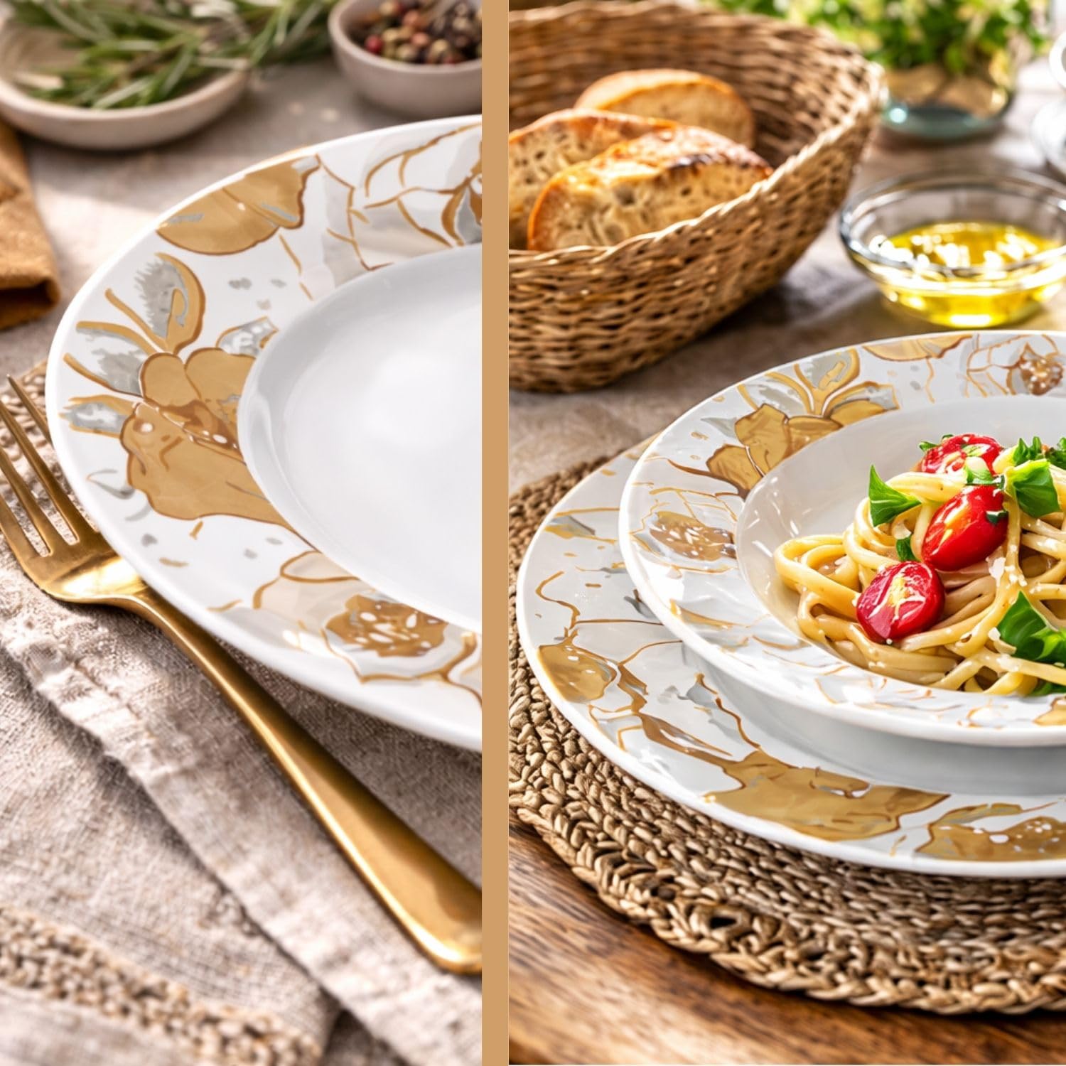 Servizio Piatti 18 Pezzi in Porcellana Lux, Set Tavola 6 Coperti 6 Piani 6 Fondi 6 Dessert Con Decorazione - (Fiori Oro)