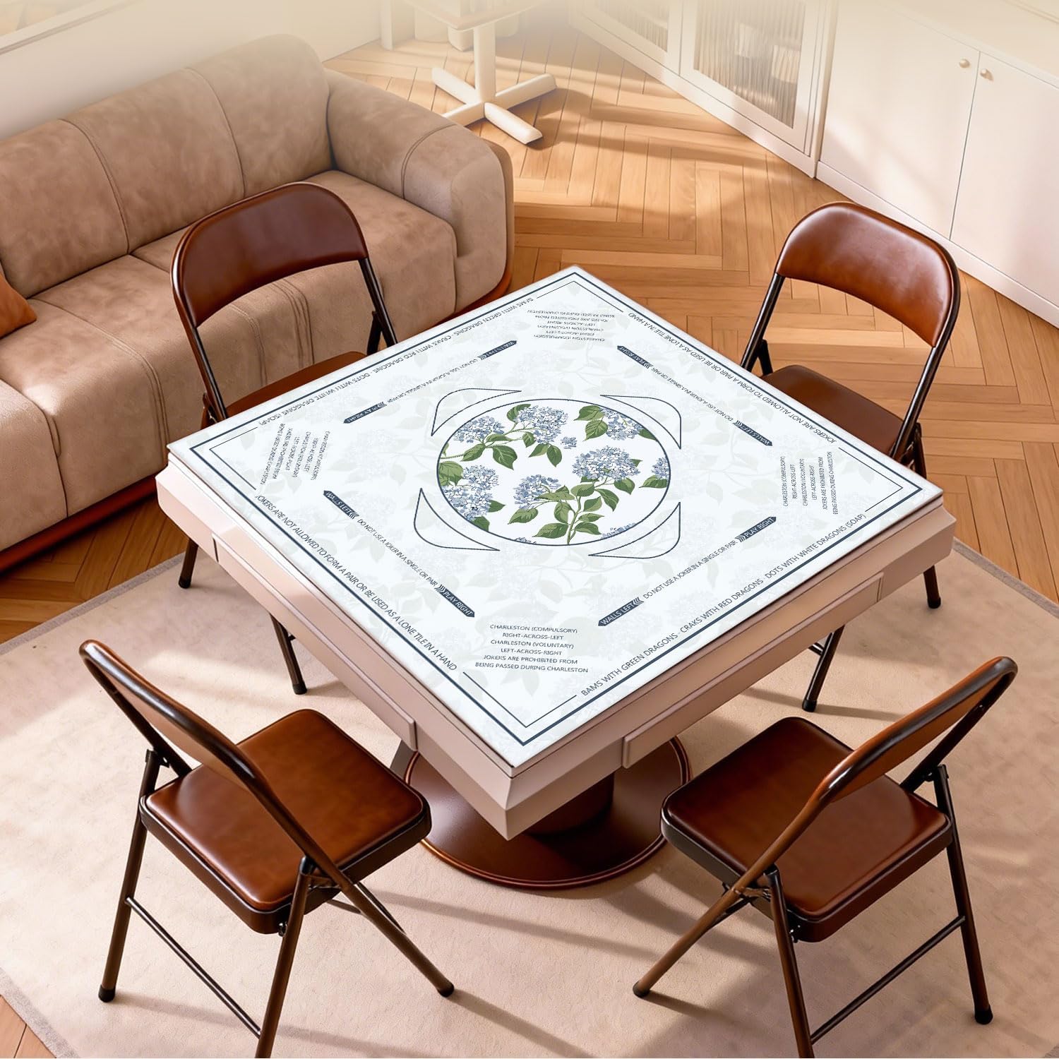 Blue Hydrangea Floral Mahjong Mat 31.5 x 31.5 in, Grandmillennial Flower Cottagecore Anti-Slip Noise-Reducing Mahjong Mat for Table Board, Games Tile Games, Poker and Cards