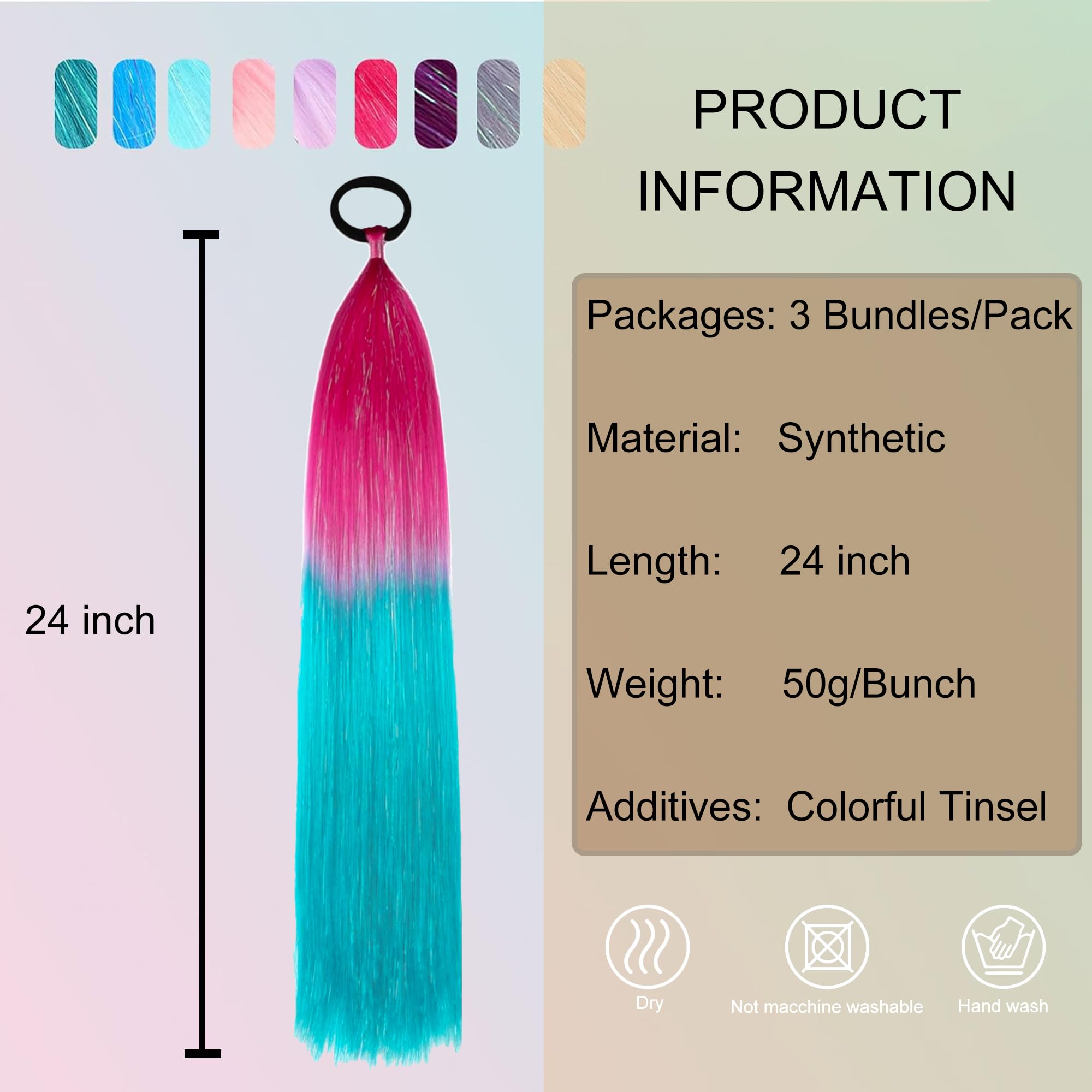 PORSMEER 3 Packs Ponytail Extension 24 inch Red to Cyan Colored Hair Extensions Tinsel Mixed for for Girl Women Braiding Ombre Pony Tail Glitter Hair with Tie Rave Crazy Hair Day - Image 2