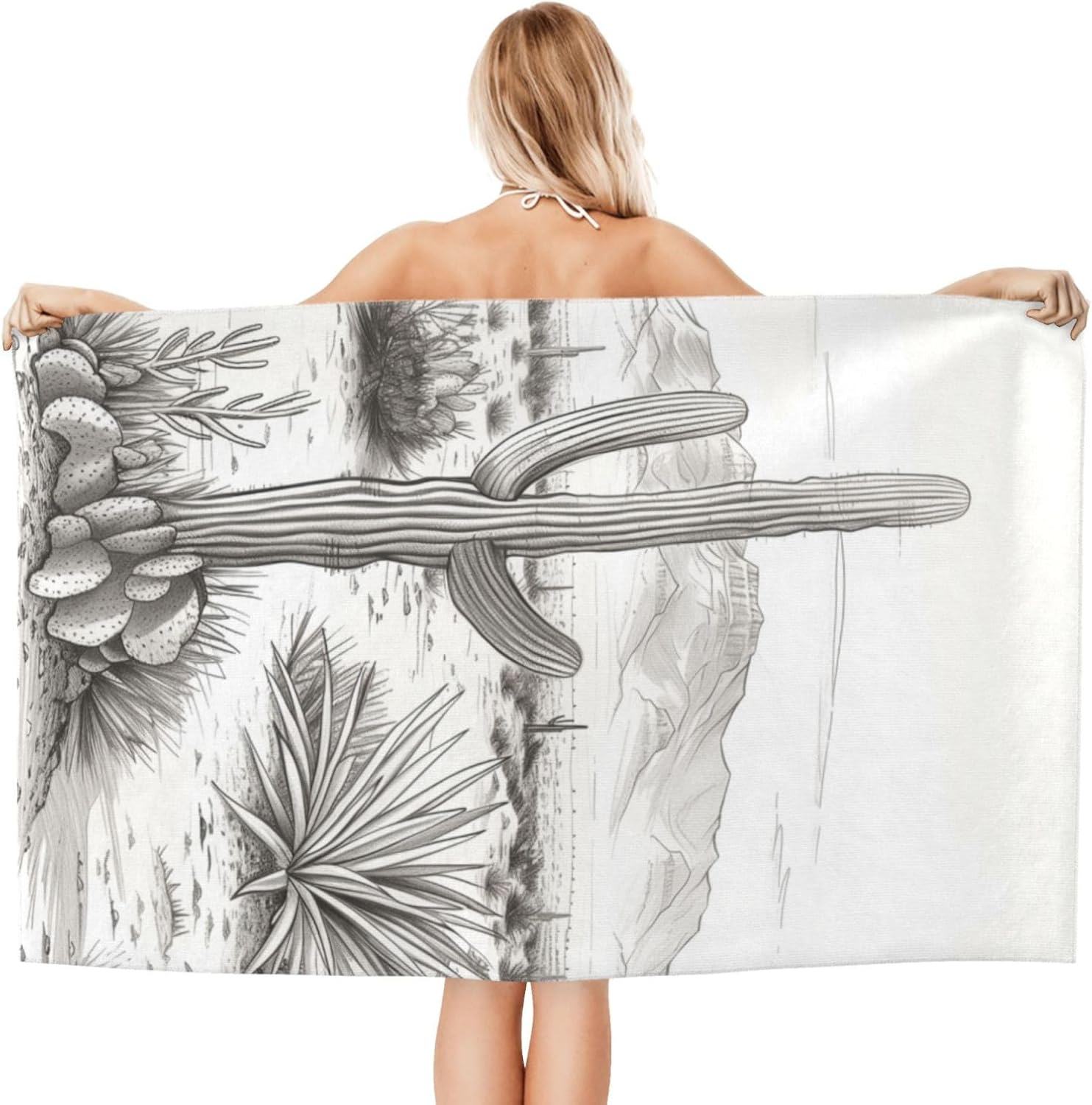 Southwestern Cactus Beach Towel, 32x52in Microfiber Quick Dry Desert Landscape Monochrome Bath Towels, Soft Lightweight Oversized Sand Free, for Travel Pool Swimming Gym Decor, Gifts