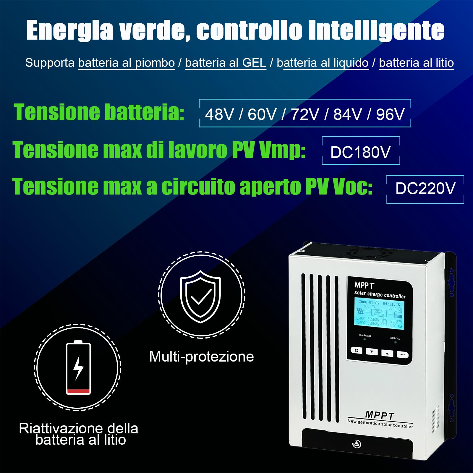 96V 45A Caricatore solare MPPT PV 4500W DC180V | Compatibile 48V/60V/72V/96V – con Riattivazione Batteria al Litio – per Sistemi Solari