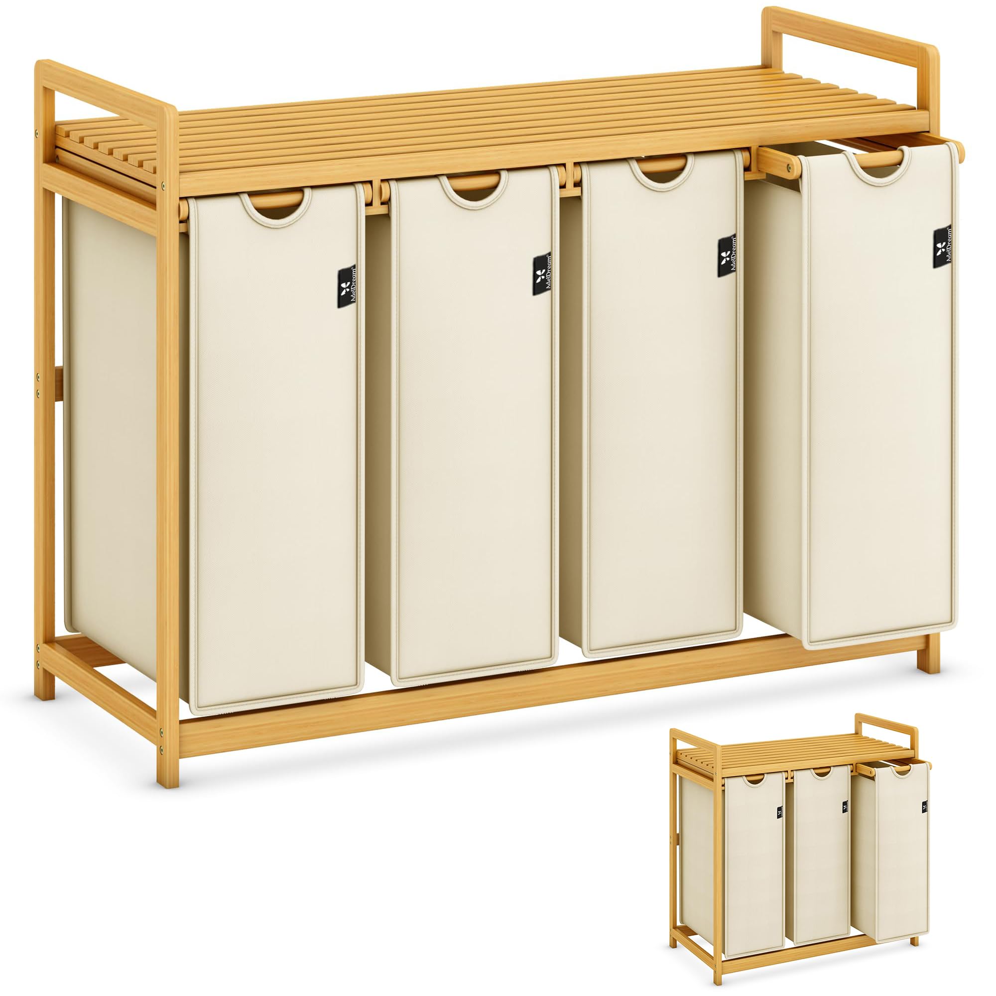 AdelDream Wäschekorb mit Bambusrahmen 150L 3 Fächer Und Wäschesammler 200L 4 Fächer Kombination Beige