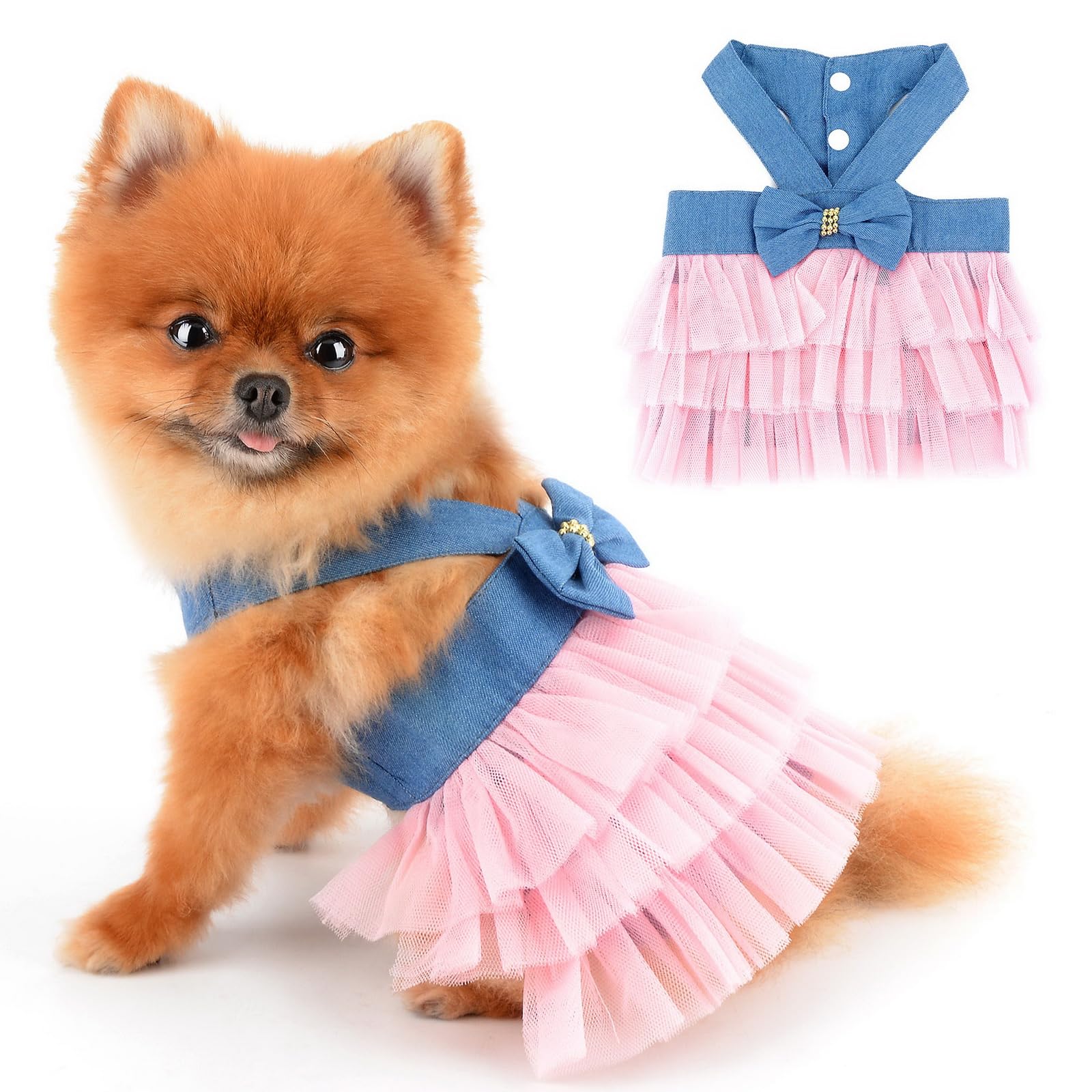 PAIDEFUL Small Dog Dress Striped Denim Organza Bow Beads Tutu Skirt Summer Soft Comfortable Breathable Puppy Clothes Sleeveless Button Kitten Apparel
