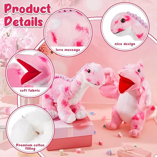 Miniatura 3 de DEEKIN 2 piezas de animales de peluche para el día de San Valentín, dinosaurio de peluche con corazón Kawaii rosa, dinosaurios de peluche para niños