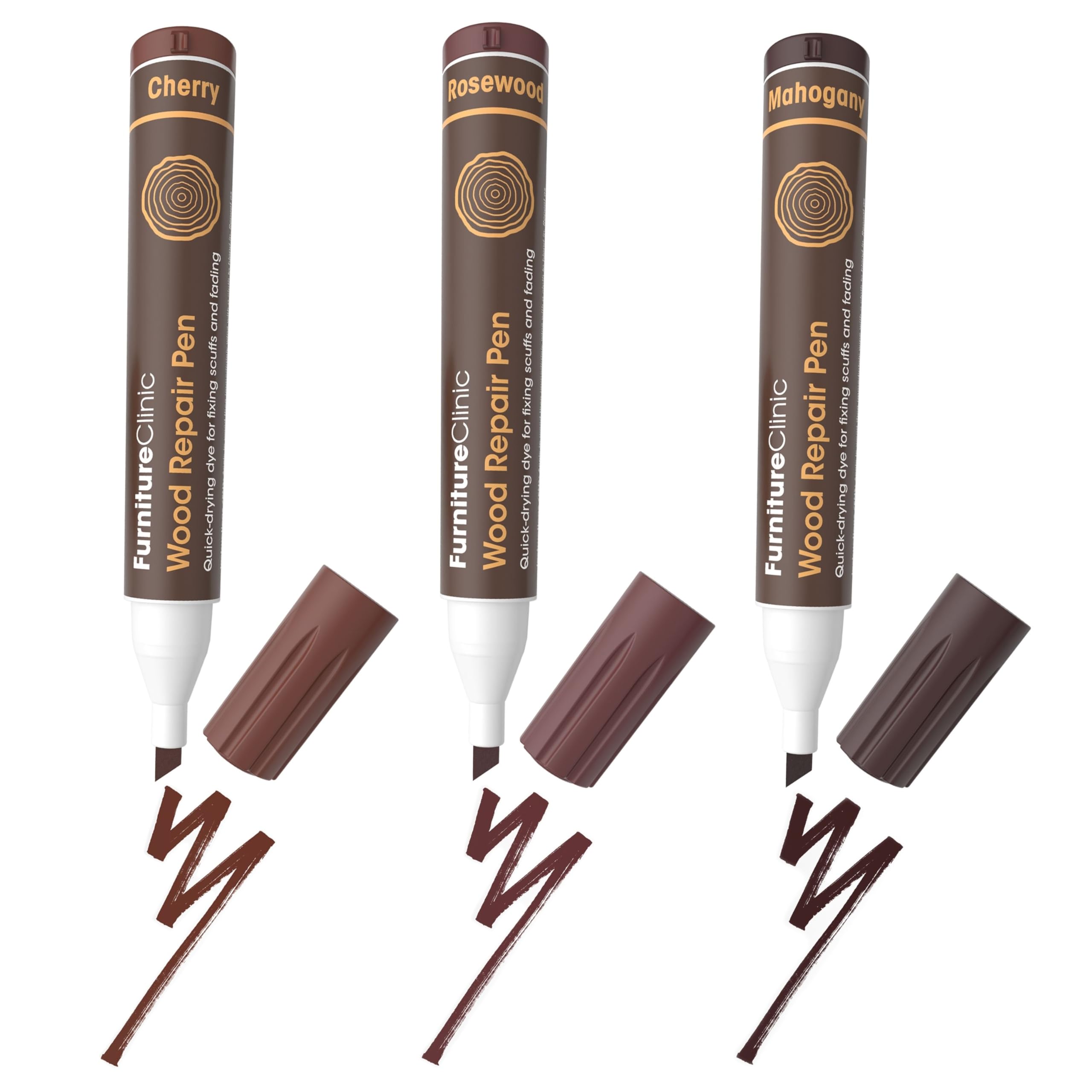 Furniture Clinic Pack of 3 Wood Repair Pens - Scratch Repair - Quick Drying - Furniture Touch-Up Marker - for All Types of Wood (Cherry, Rosewood & Mahogany)