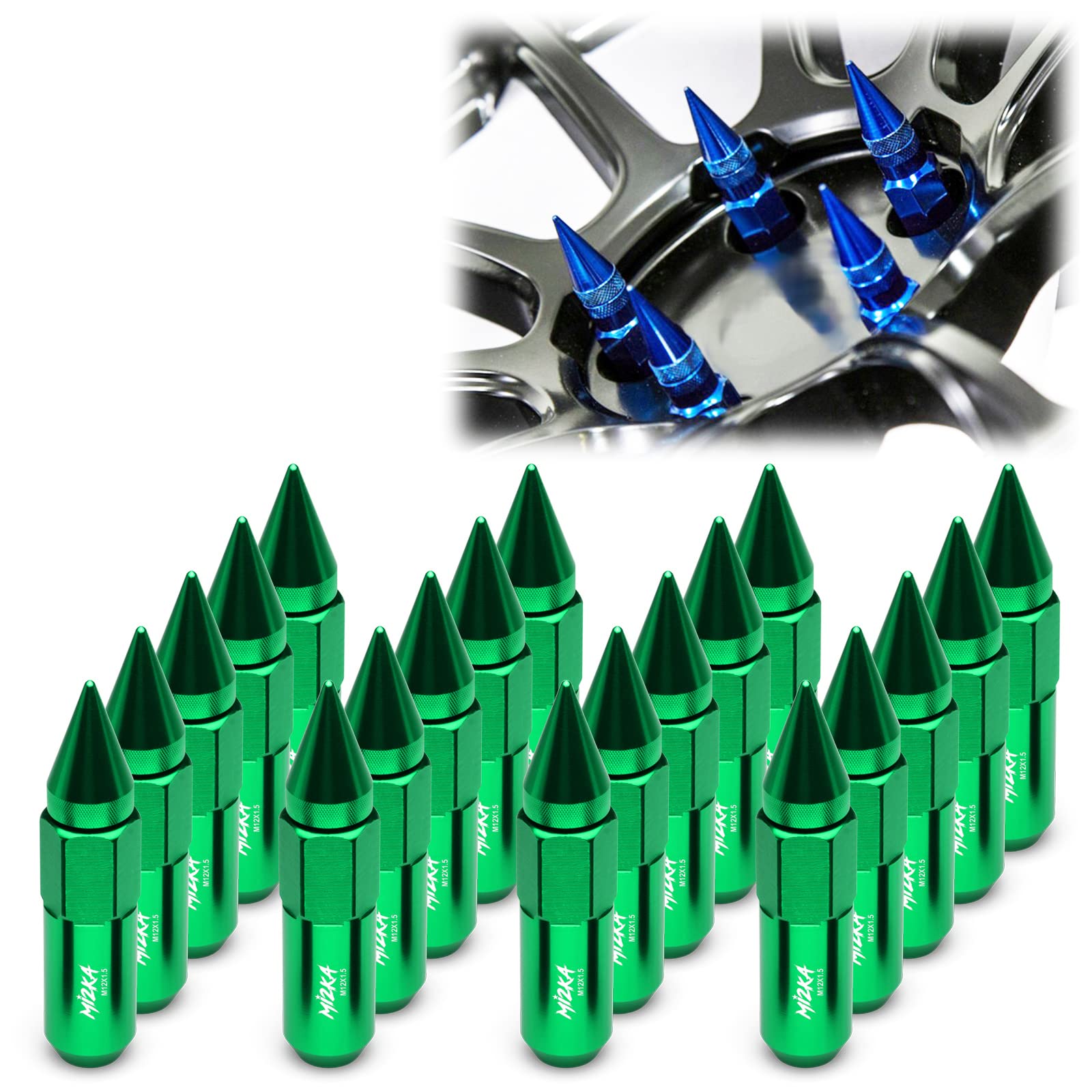 Green 20 PCS M12x1.5 Lug Nuts Spiked 60mm Extended Tuner Aluminum Wheels Rims Cap WN03