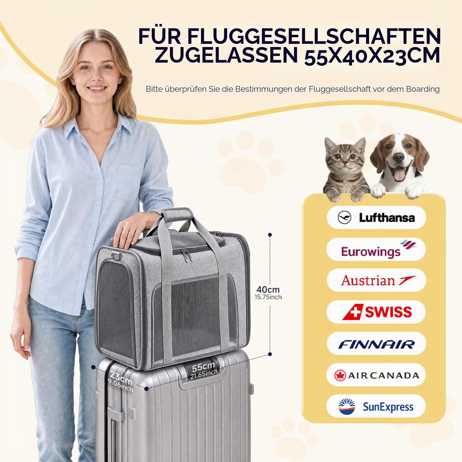 PALAMEA Hundetasche Flugzeug 55x40x23 Eurowings Lufthansa,Faltbare leichte Tragetasche mit Netzstoff Flugtasche Hund Transportbox Katze,Haustier Hundetragetasche für Reisen, Auto, Fliegen - Image 2