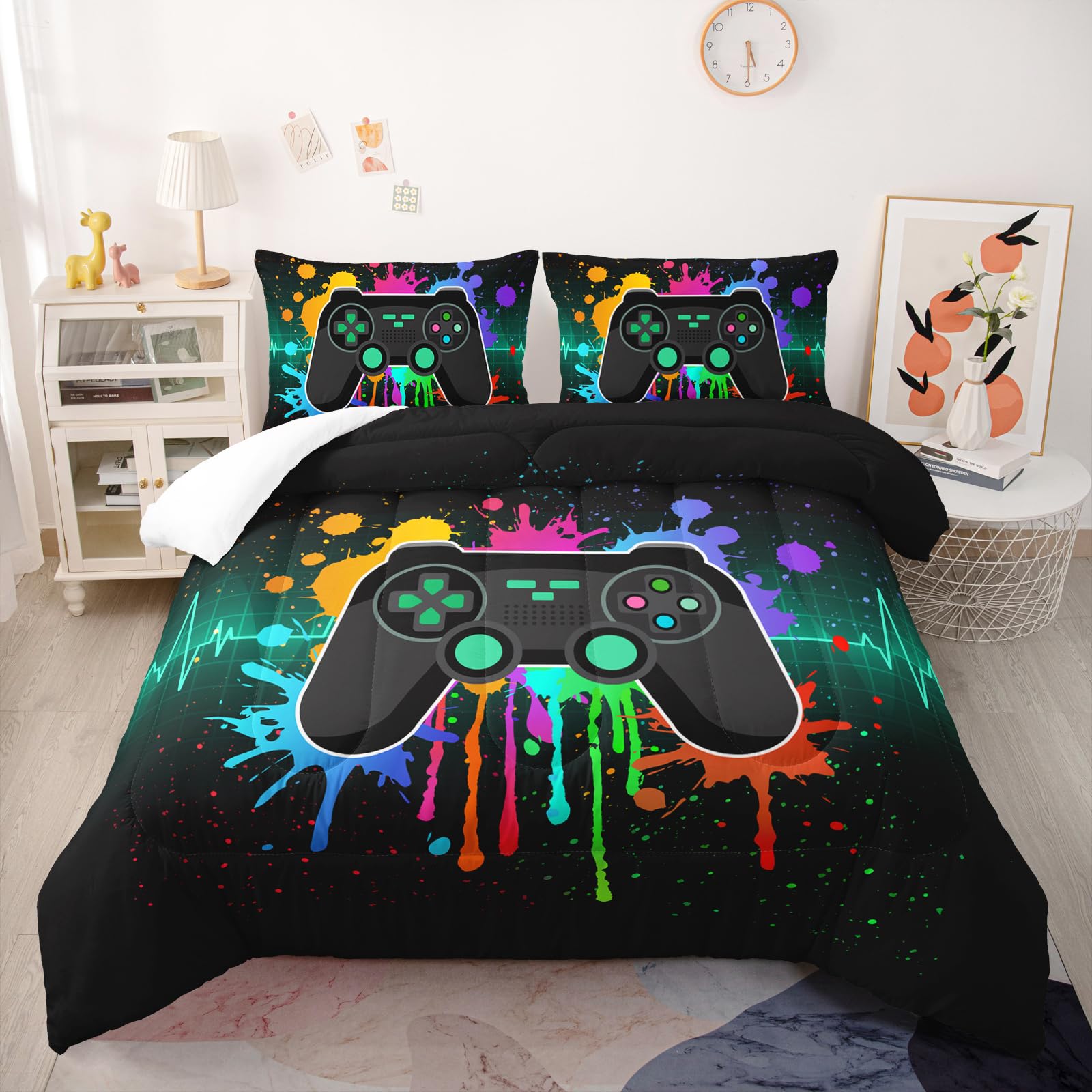 Nttopship Game Console Comforter Sets Queen Size，Bedding Sets for Kids,Game Controller Comforter Sets，Kids Room Decor with 1 Comforter with 2 Pillow