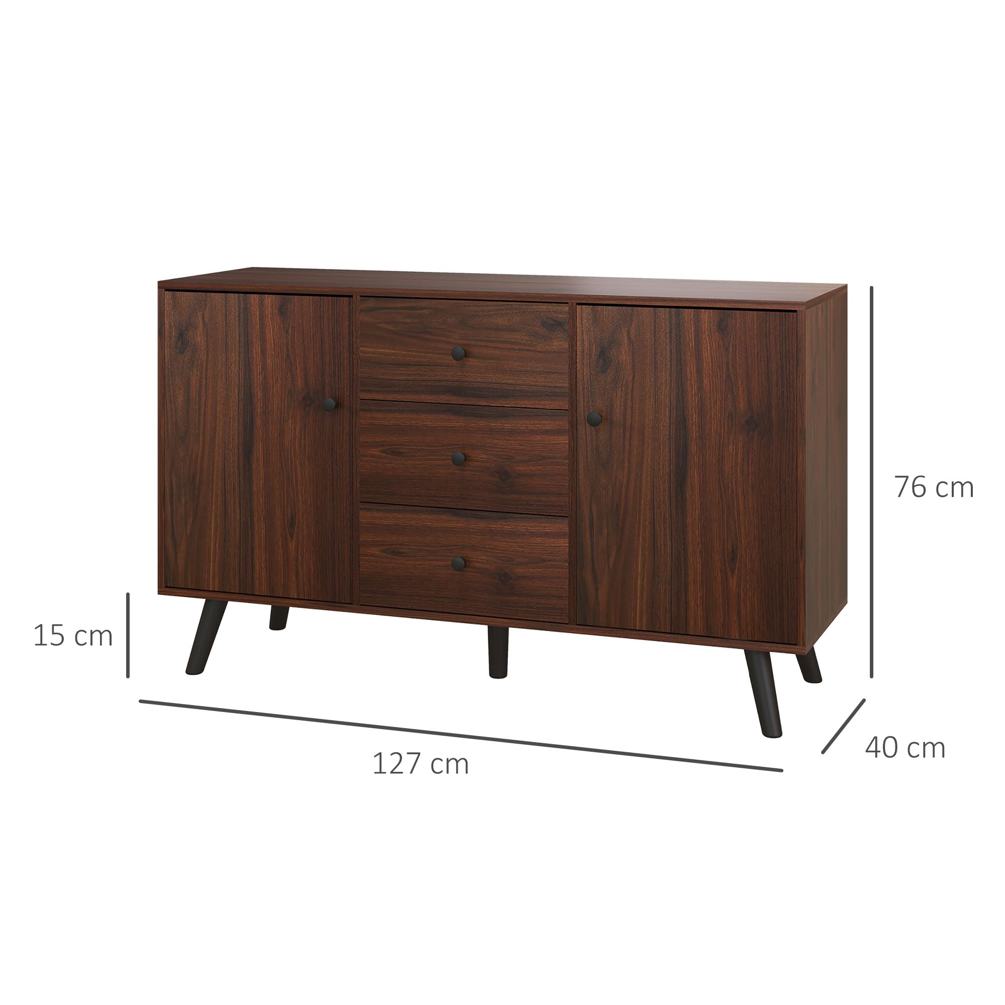 HOMCOM Credenza Moderna con 2 Armadietti e 3 Cassetti, Marrone e Nero | per Soggiorno, Sala da Pranzo e Ingresso in Legno e Truciolato, Mobile Contenitore, 127x40x76 cm
