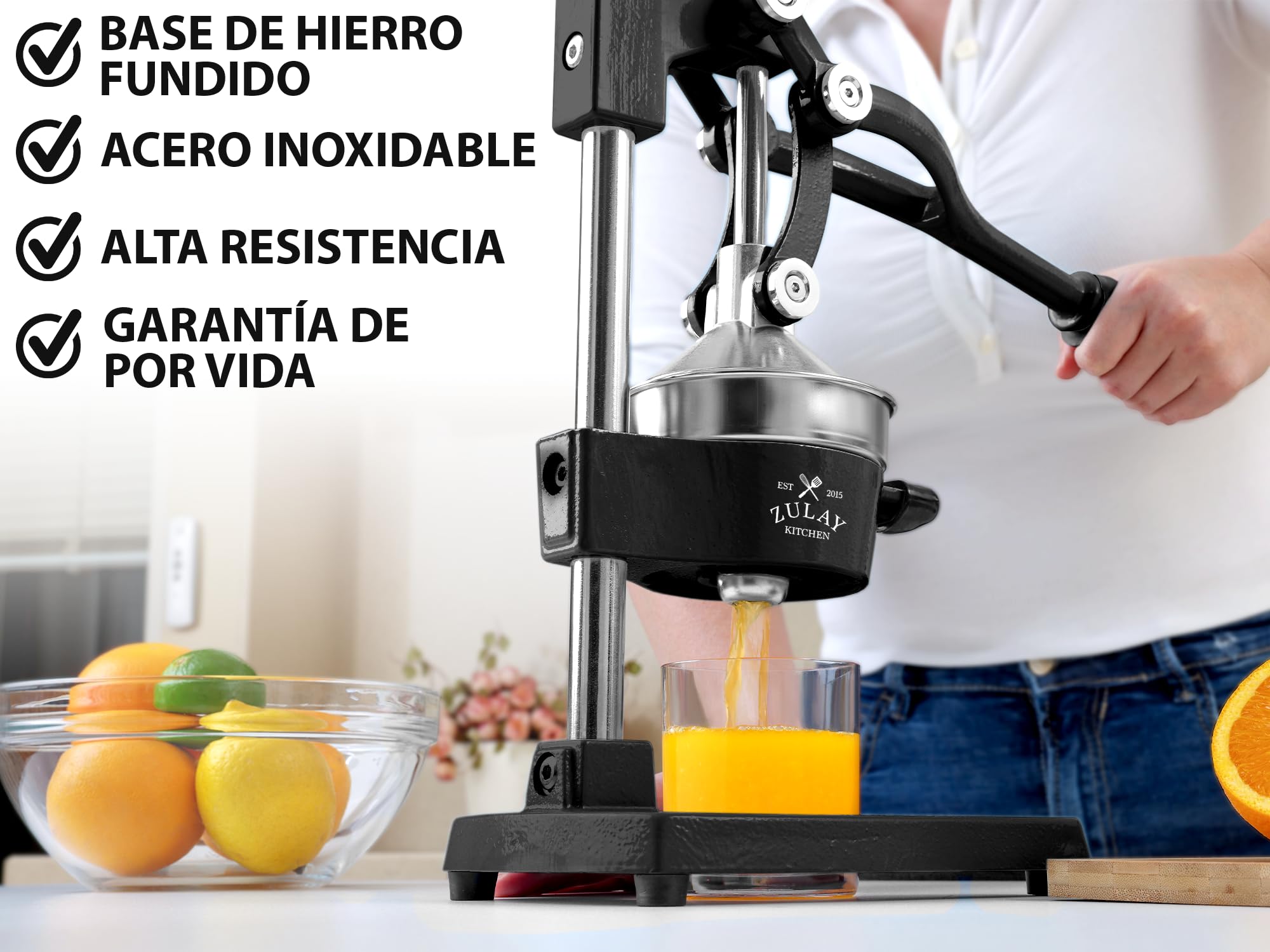 Zulay Kitchen Exprimidor de cítricos profesional para naranja, limón y lima - prensa manual de metal con soporte