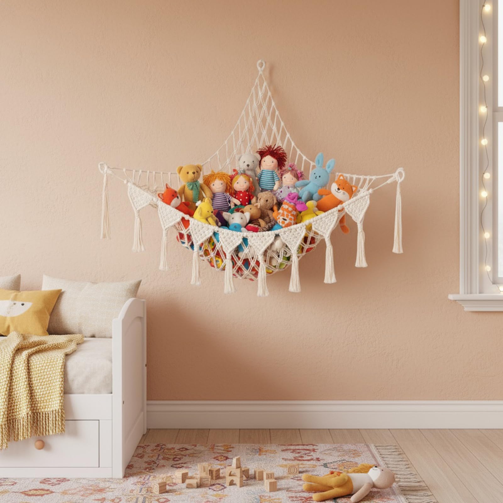 Filet de Rangement Peluches, Hamac Suspendu en Macramé, Organisateur de Peluche pour Chambre Enfant, Grande Capacité, Range Peluche à Suspendre Enfant, Blanc