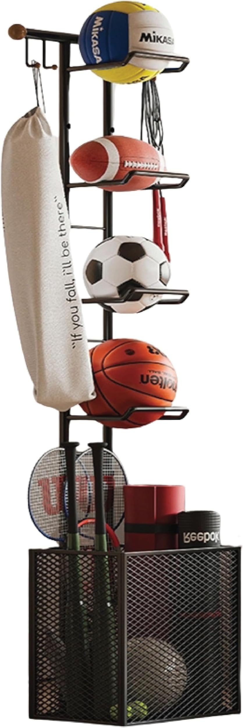 ARHAT ORGANIZERS Portable 4-Tier Sports Ball Storage Stand with Basket | Freestanding Sports Equipment Organizer Rack | For Basketball, Football, Volley ball, Bats etc | Garage Sports Organizer Stand