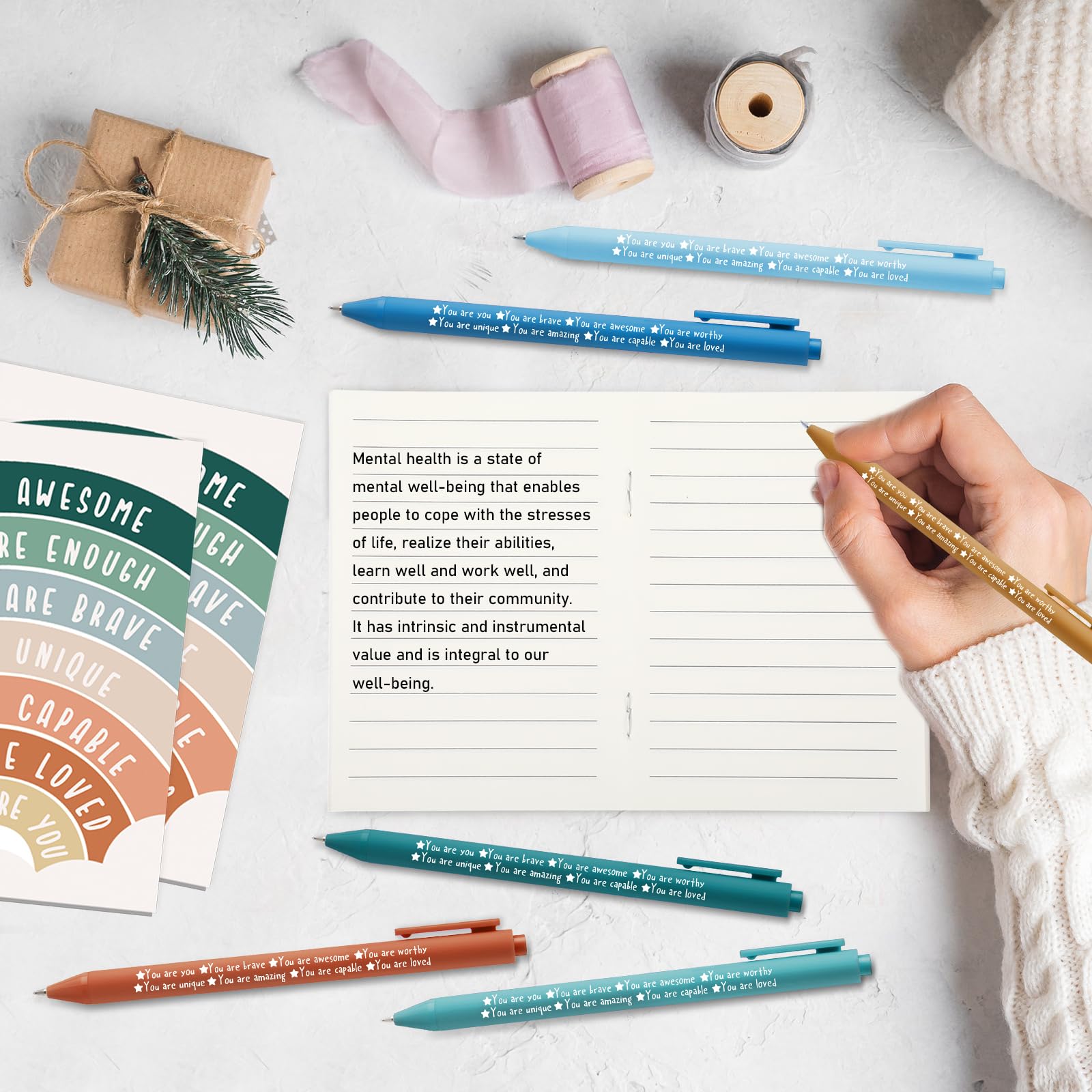100 Pcs Mental Health Awareness Gifts Bulk Motivational Notebook Journals and Positive Affirmation Pen Mental Health Items for Coworker Nurse Week Teacher Student End of Year Gifts (Rainbow)