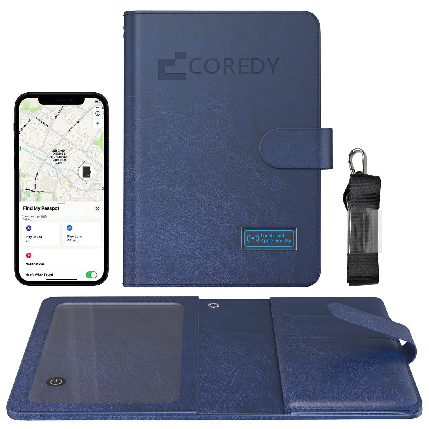 CoredyPassport Holder with Bluetooth Tracker, Works with Apple Find My (iOS Only), Worldwide Locate Passport Cover, Sound & LED Lights Indicator, 3-Year Long Battery Life, Travel Essentials