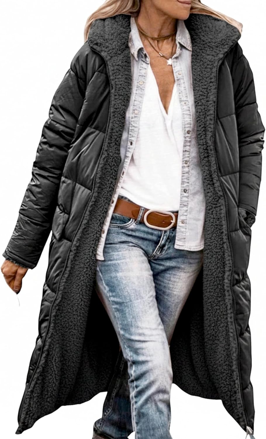 Womens Reversible Long Puffer Coat Sherpa Lined Hooded Winter Jacket