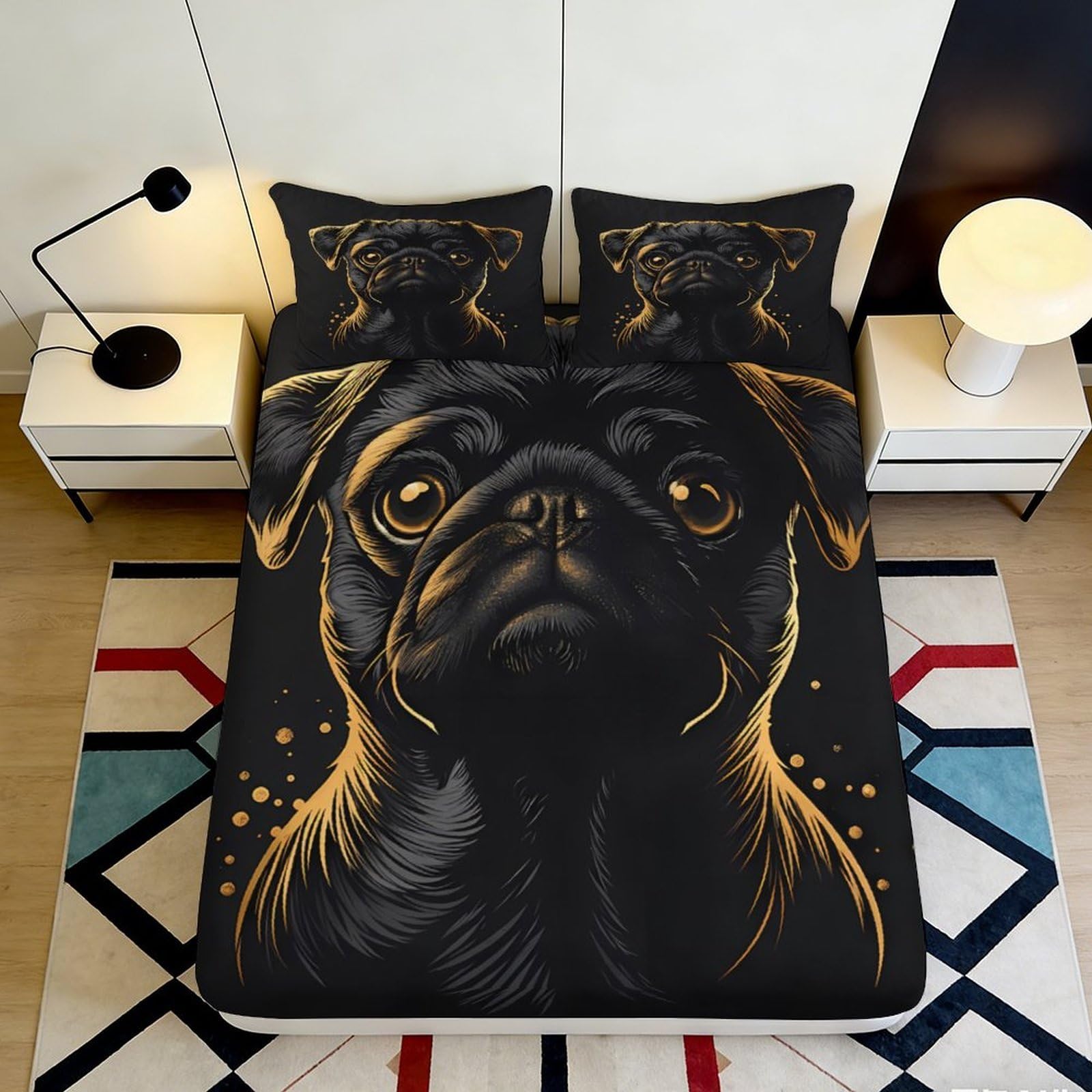 3D Printed Black Pug Dog Fitted Sheet Microfiber Slip Resistant Bed Cover for Bedroom Guest Room Decor Easy Care 90x200x25cm