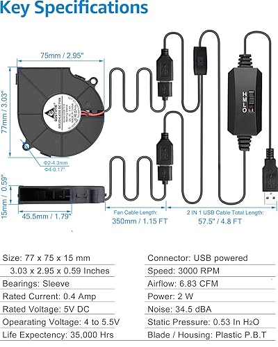 Miniatura 5 de GDSTIME Paquete de 2 ventiladores USB de 2.953 in x 0.591 in con control de 3 velocidades, ventilador de refrigeración turbo sin escobillas DC 5V